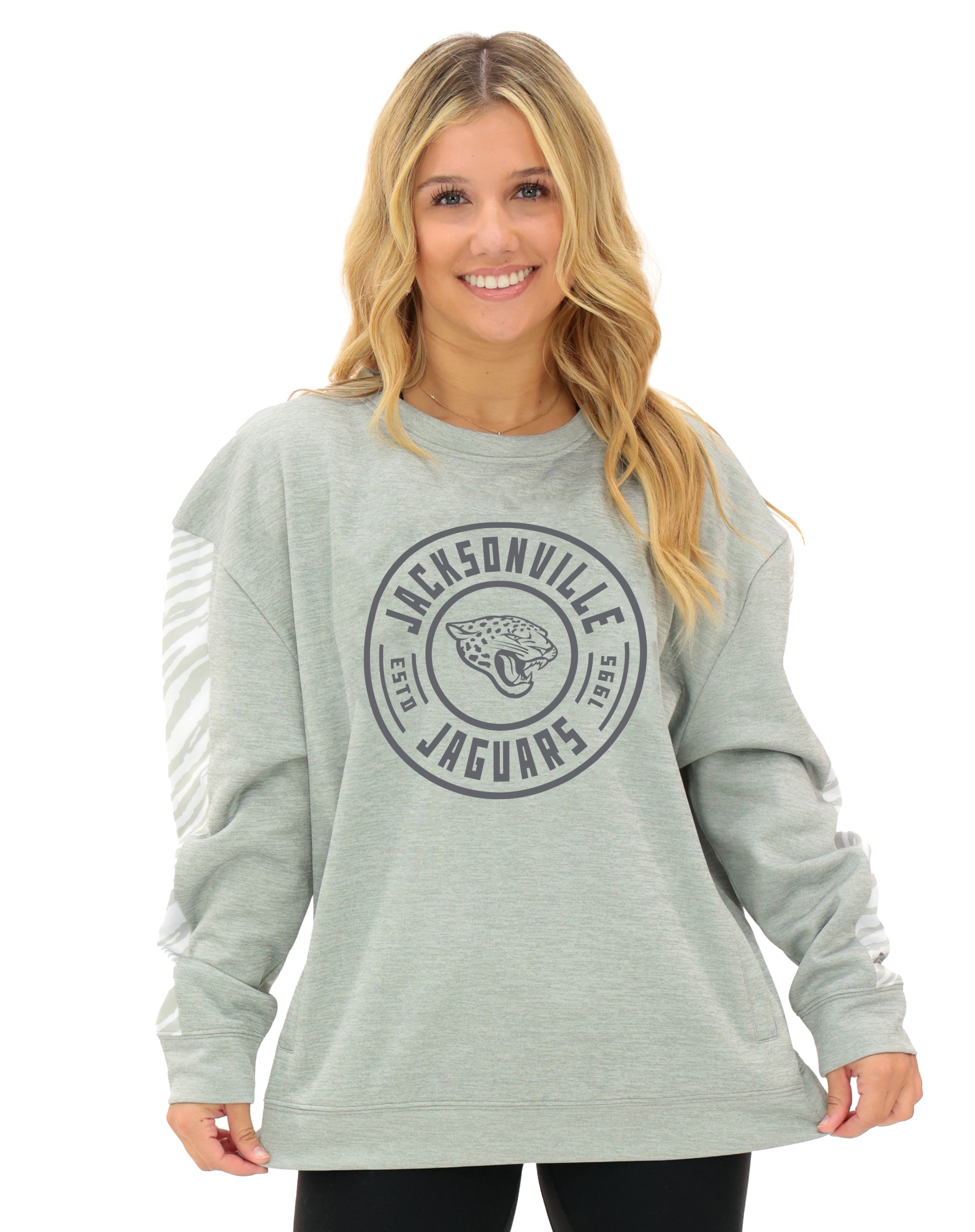 Zubaz NFL Women's Offense 2 Color Tonal Zebra Arm Panels Crewneck with Pockets, JACKSONVILLE JAGUARS