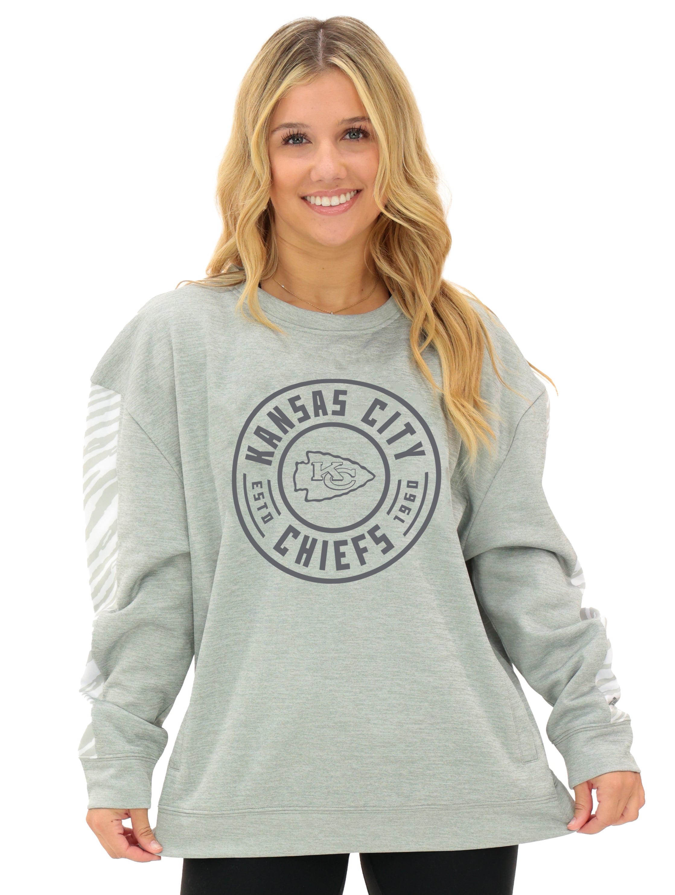 Zubaz NFL Women's Offense 2 Color Tonal Zebra Arm Panels Crewneck with Pockets, KANSAS CITY CHIEFS