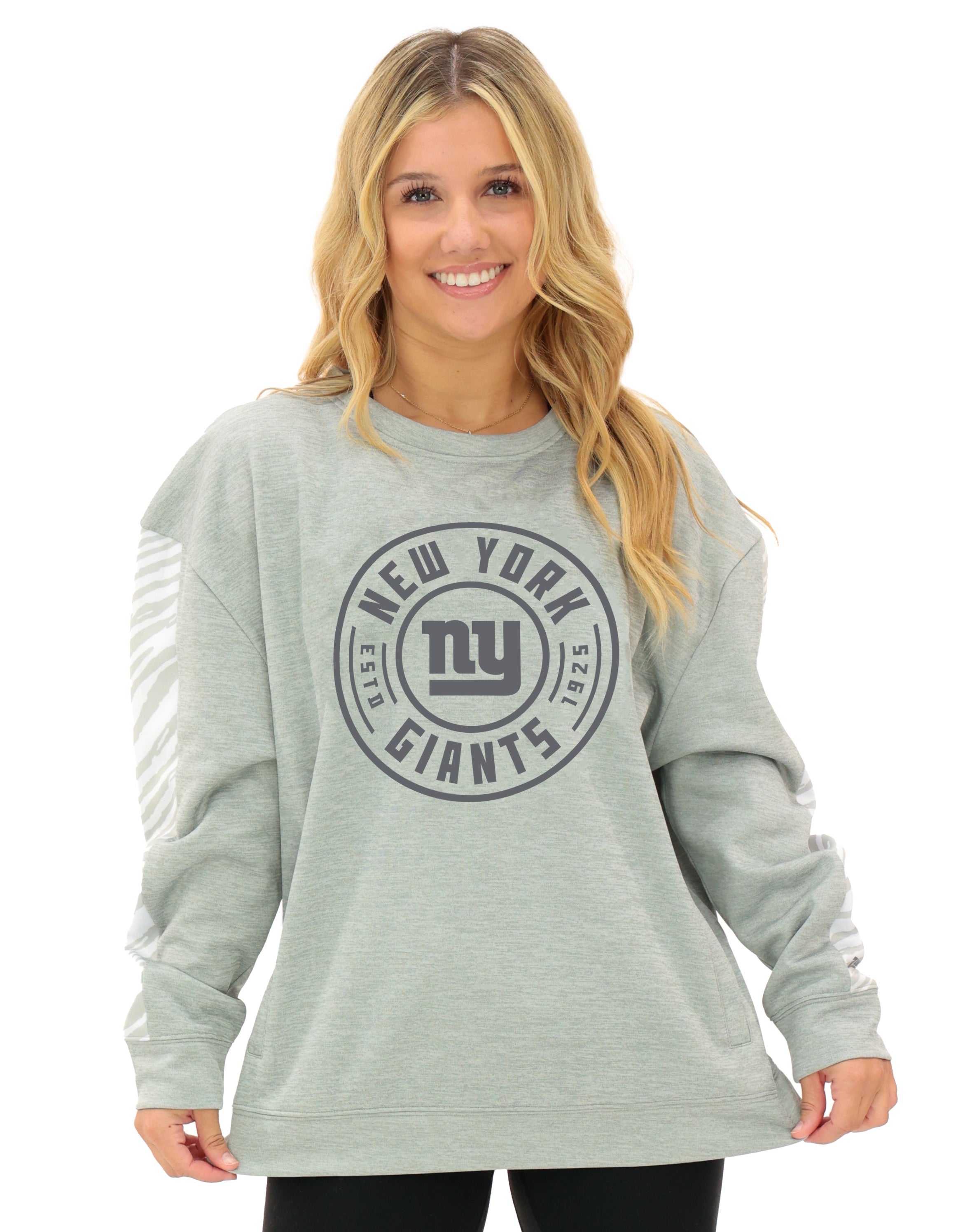 Zubaz NFL Women's Offense 2 Color Tonal Zebra Arm Panels Crewneck with Pockets, NEW YORK GIANTS