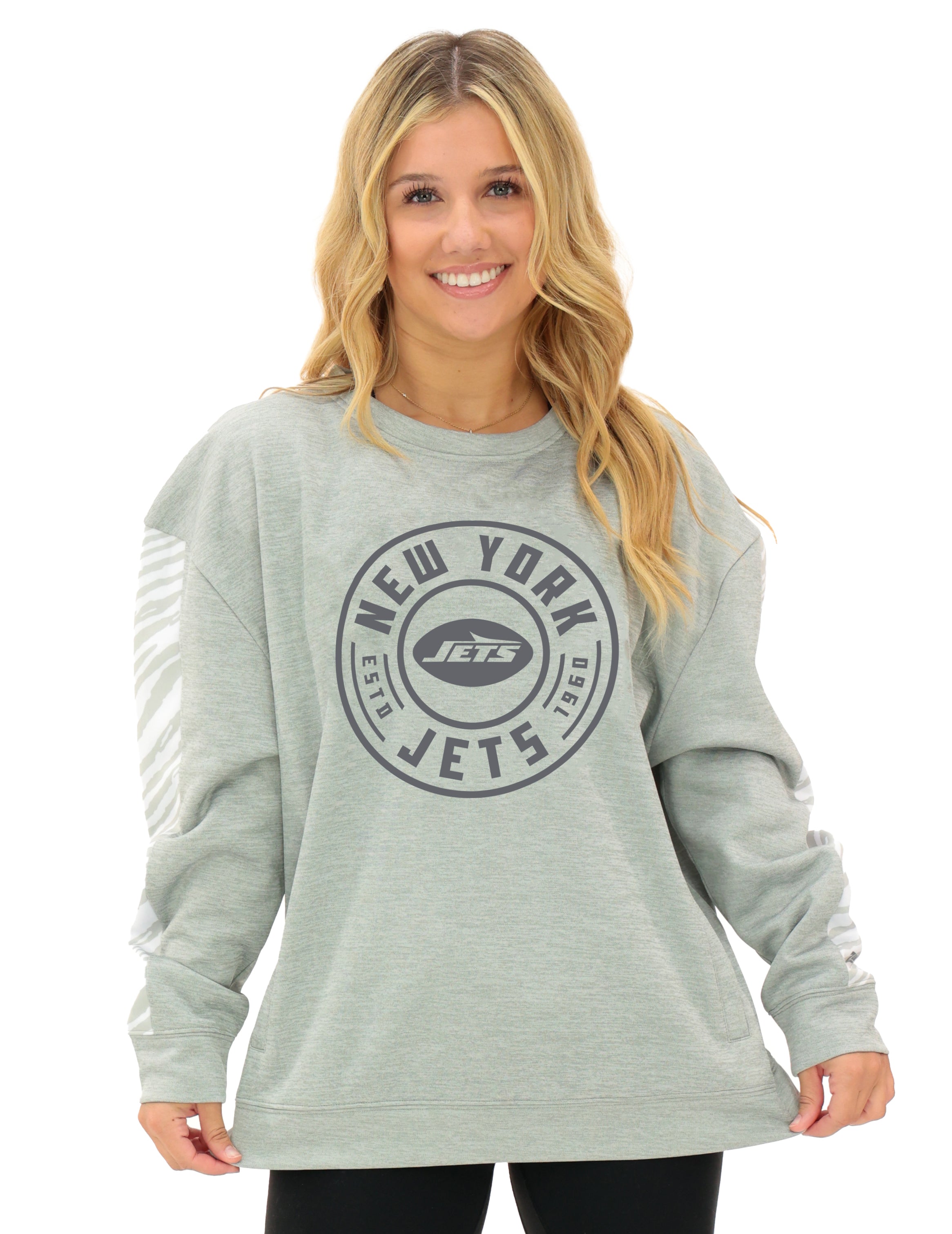 Zubaz NFL Women's Offense 2 Color Tonal Zebra Arm Panels Crewneck with Pockets, NEW YORK JETS
