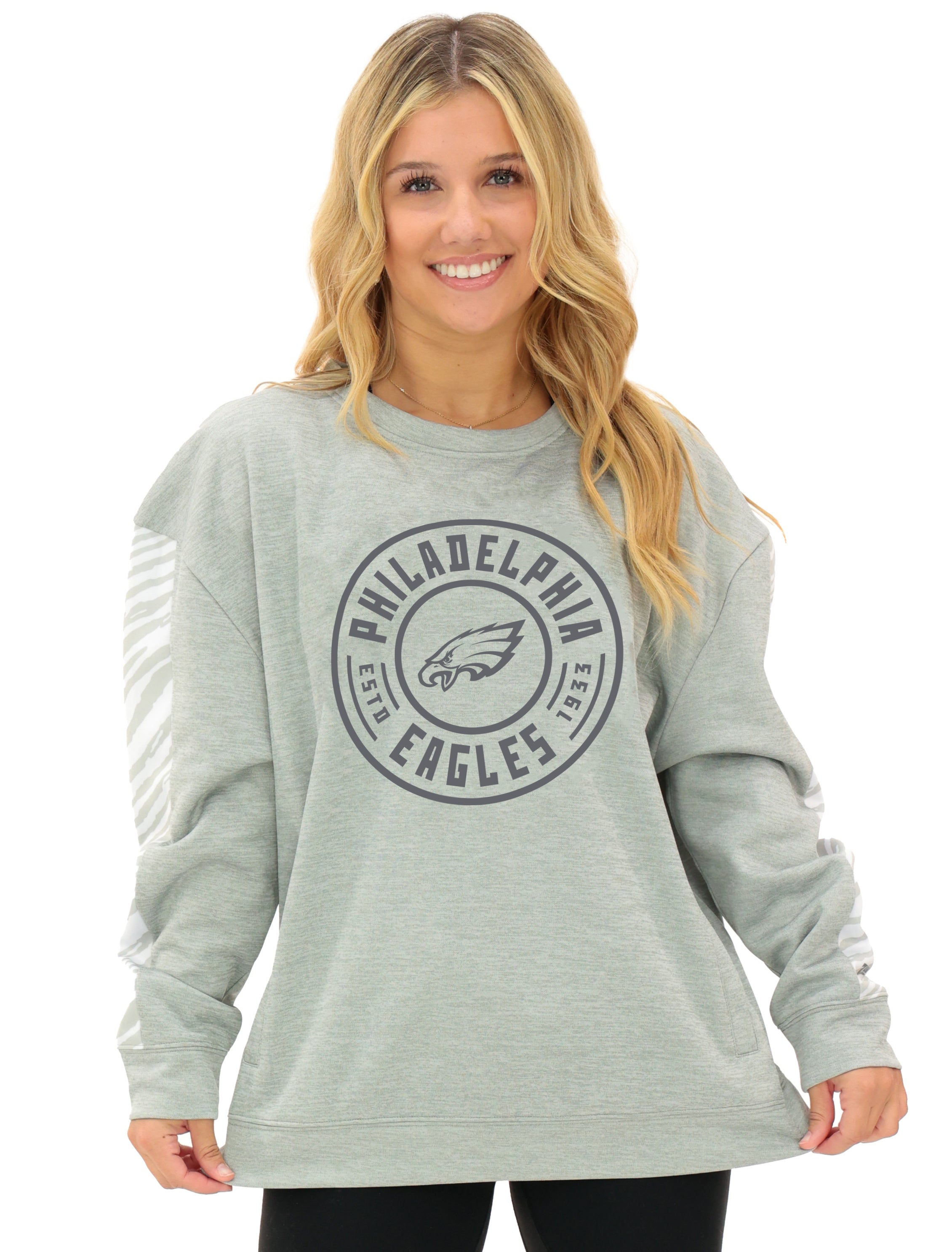 Zubaz NFL Women's Offense 2 Color Tonal Zebra Arm Panels Crewneck with Pockets, PHILADELPHIA EAGLES