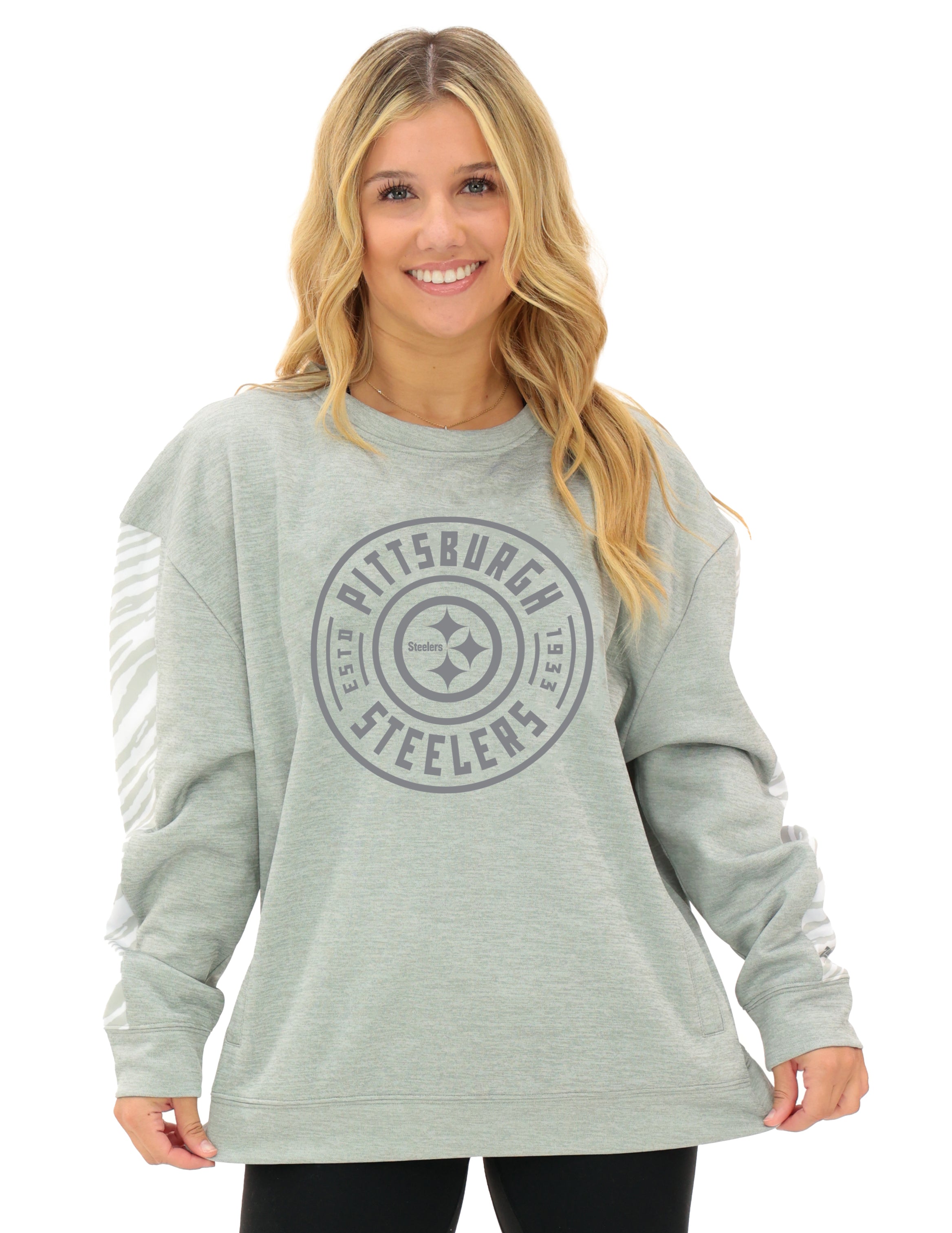 Zubaz NFL Women's Offense 2 Color Tonal Zebra Arm Panels Crewneck with Pockets, PITTSBURGH STEELERS