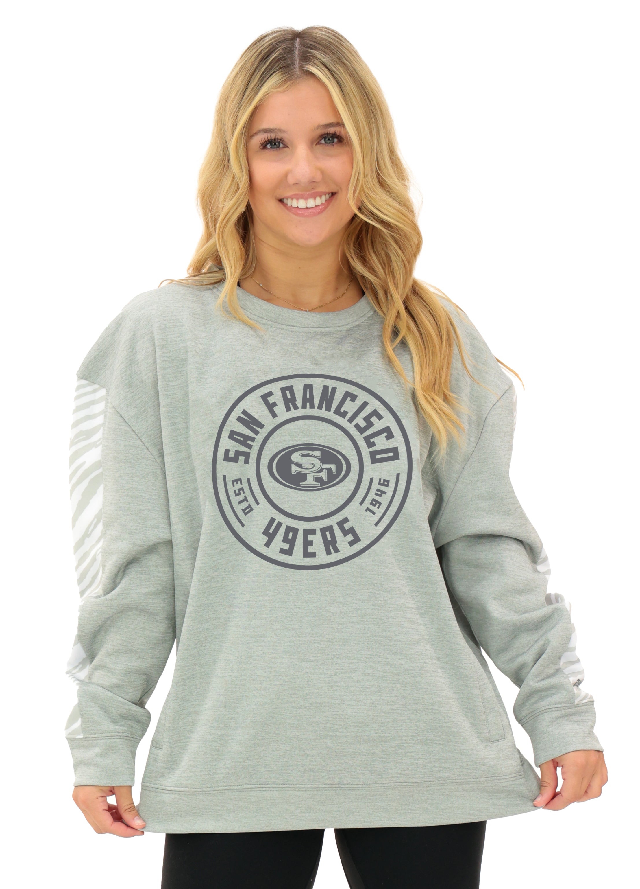 Zubaz NFL Women's Offense 2 Color Tonal Zebra Arm Panels Crewneck with Pockets, SAN FRANCISCO 49ERS