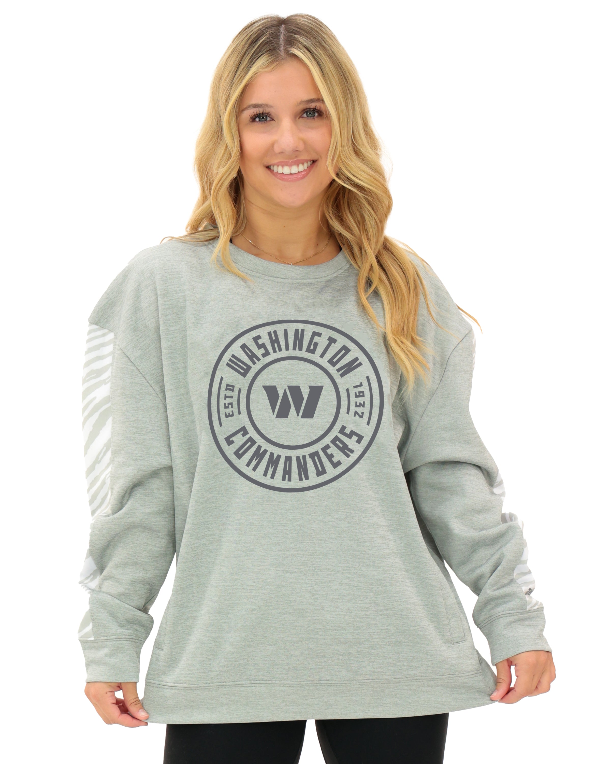 Zubaz NFL Women's Offense 2 Color Tonal Zebra Arm Panels Crewneck with Pockets, WASHINGTON COMMANDERS