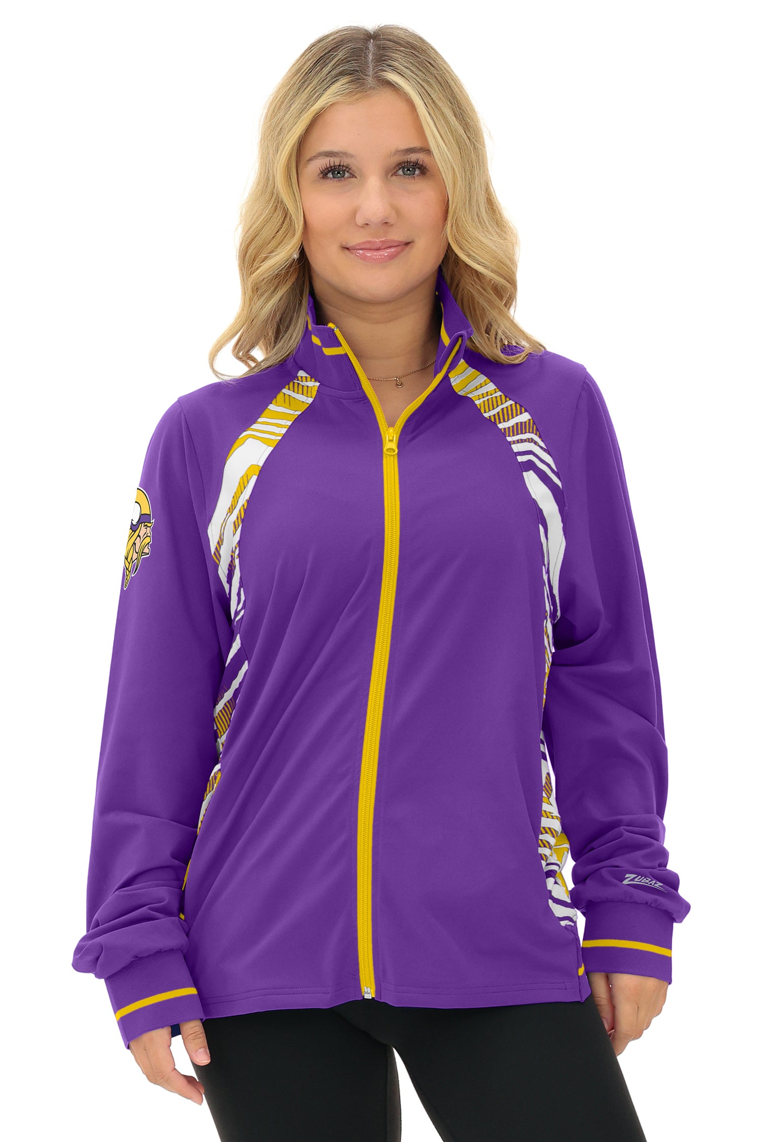 Zubaz NFL Women's Elevated Zebra Ombre Mock Track Full Zip Top, MINNESOTA VIKINGS