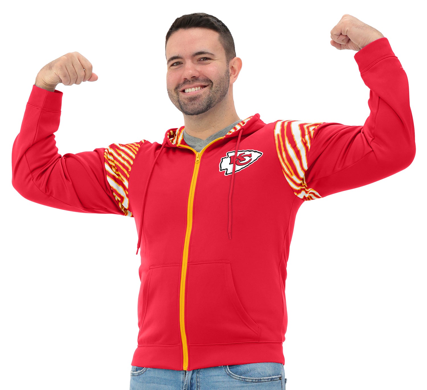 Zubaz NFL Men's Play Action 3 Color Zebra Bands and Hood Line Full Zip Hoodie, KANSAS CITY CHIEFS