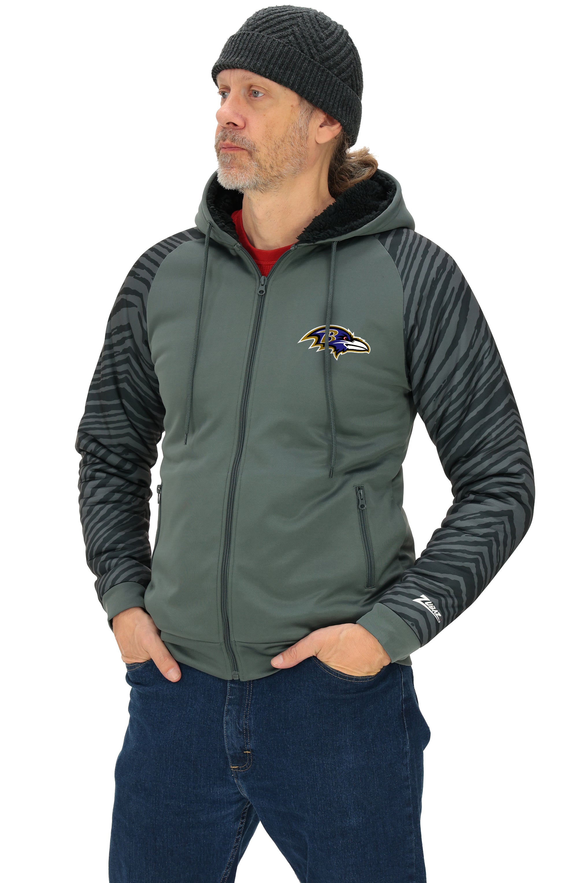 Zubaz NFL Men's Charcoal Tonal Zebra Sherpa Lined Raglan Full Zip Hoodie, BALTIMORE RAVENS