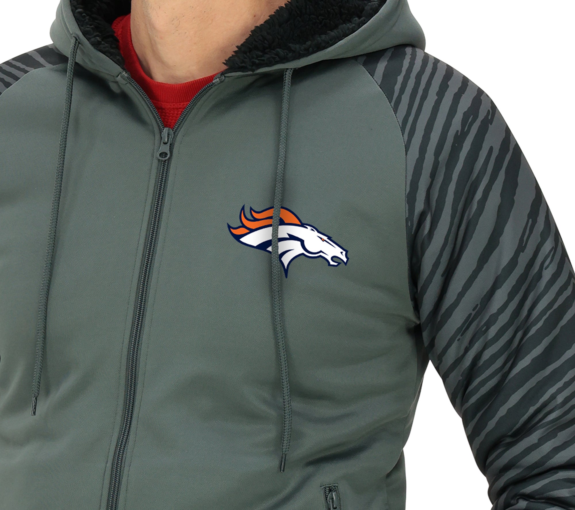 Zubaz NFL Men's Charcoal Tonal Zebra Sherpa Lined Raglan Full Zip Hoodie, DENVER BRONCOS
