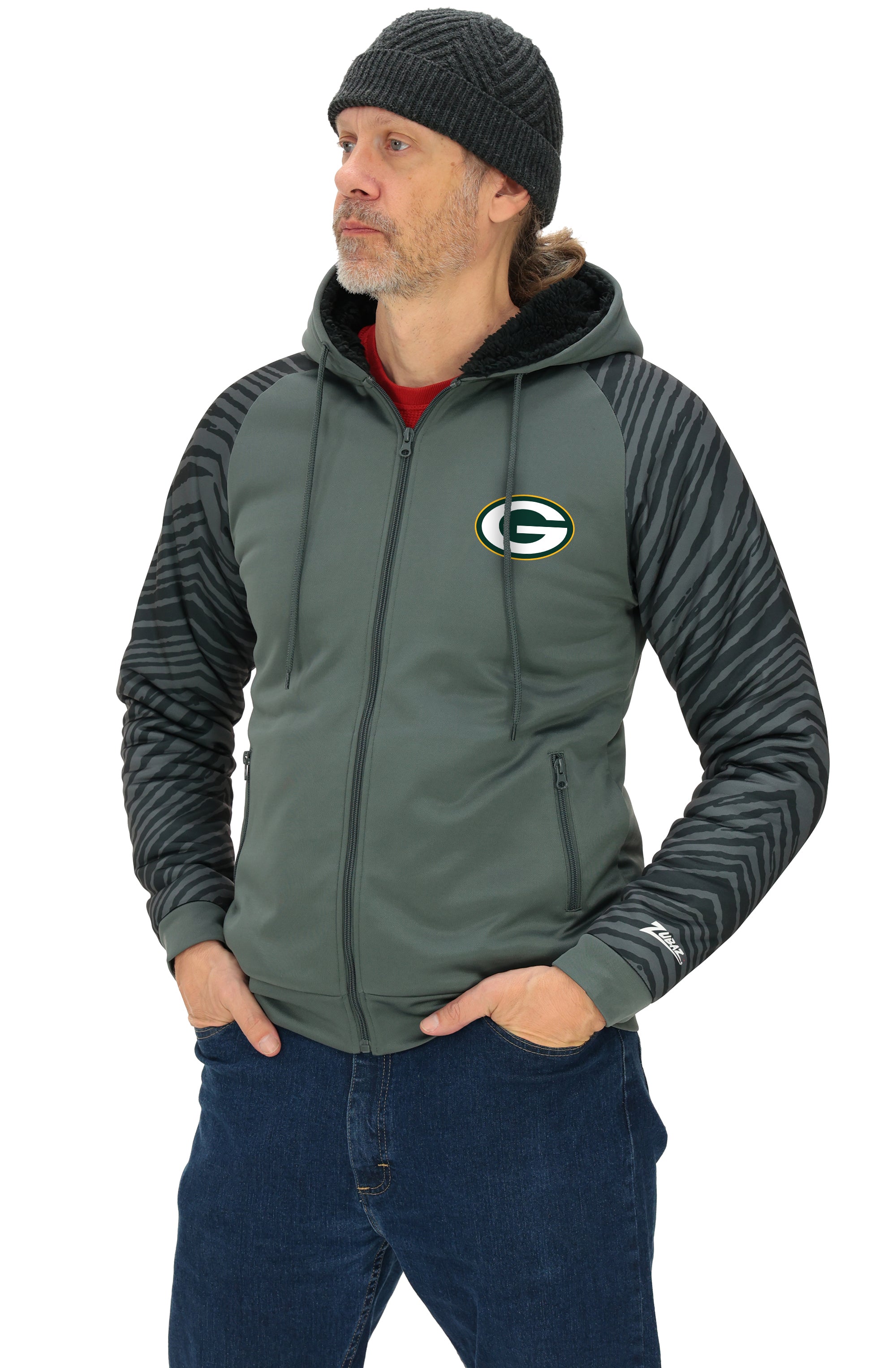 Zubaz NFL Men's Charcoal Tonal Zebra Sherpa Lined Raglan Full Zip Hoodie, GREEN BAY PACKERS