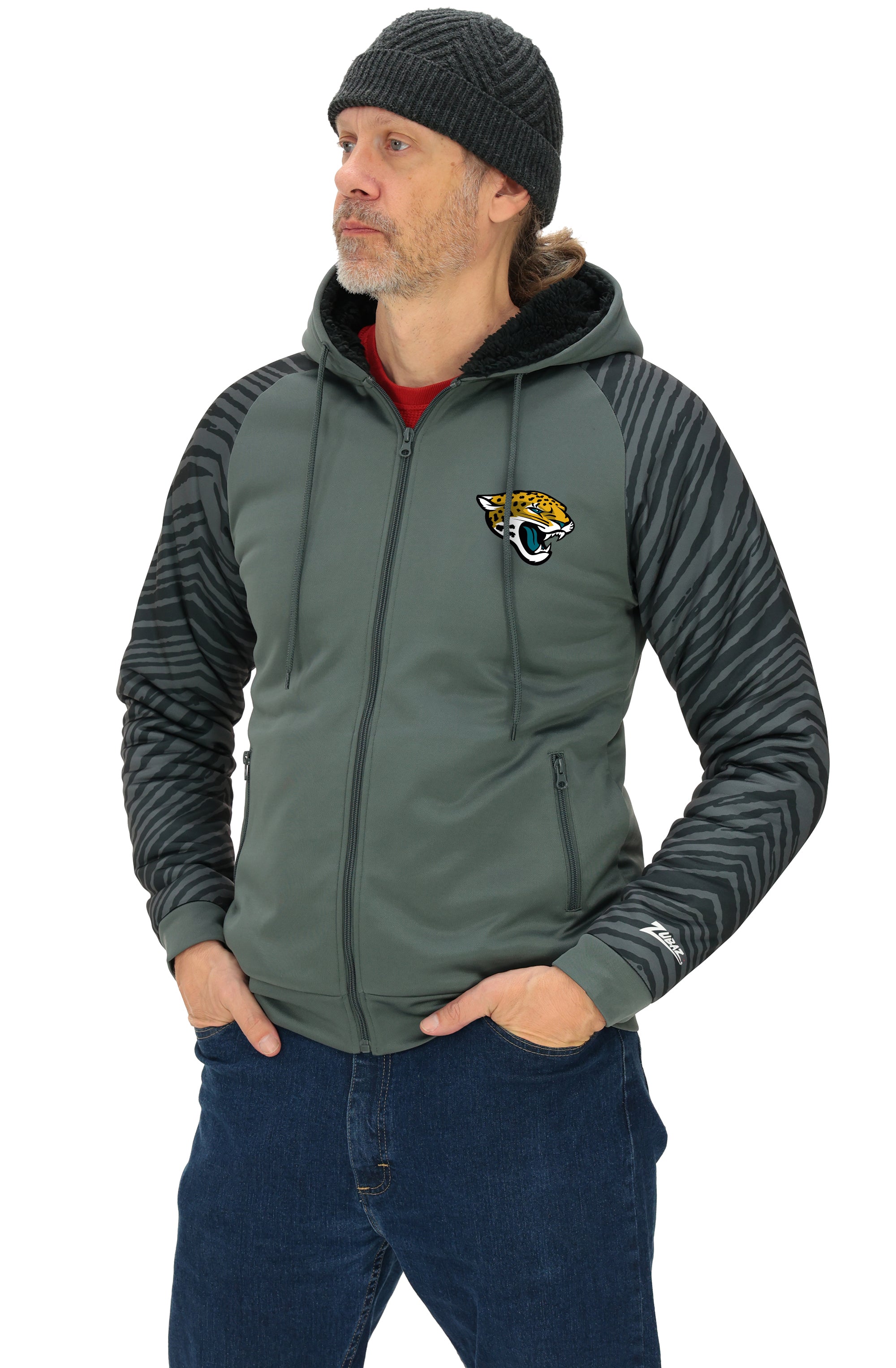 Zubaz NFL Men's Charcoal Tonal Zebra Sherpa Lined Raglan Full Zip Hoodie, JACKSONVILLE JAGUARS
