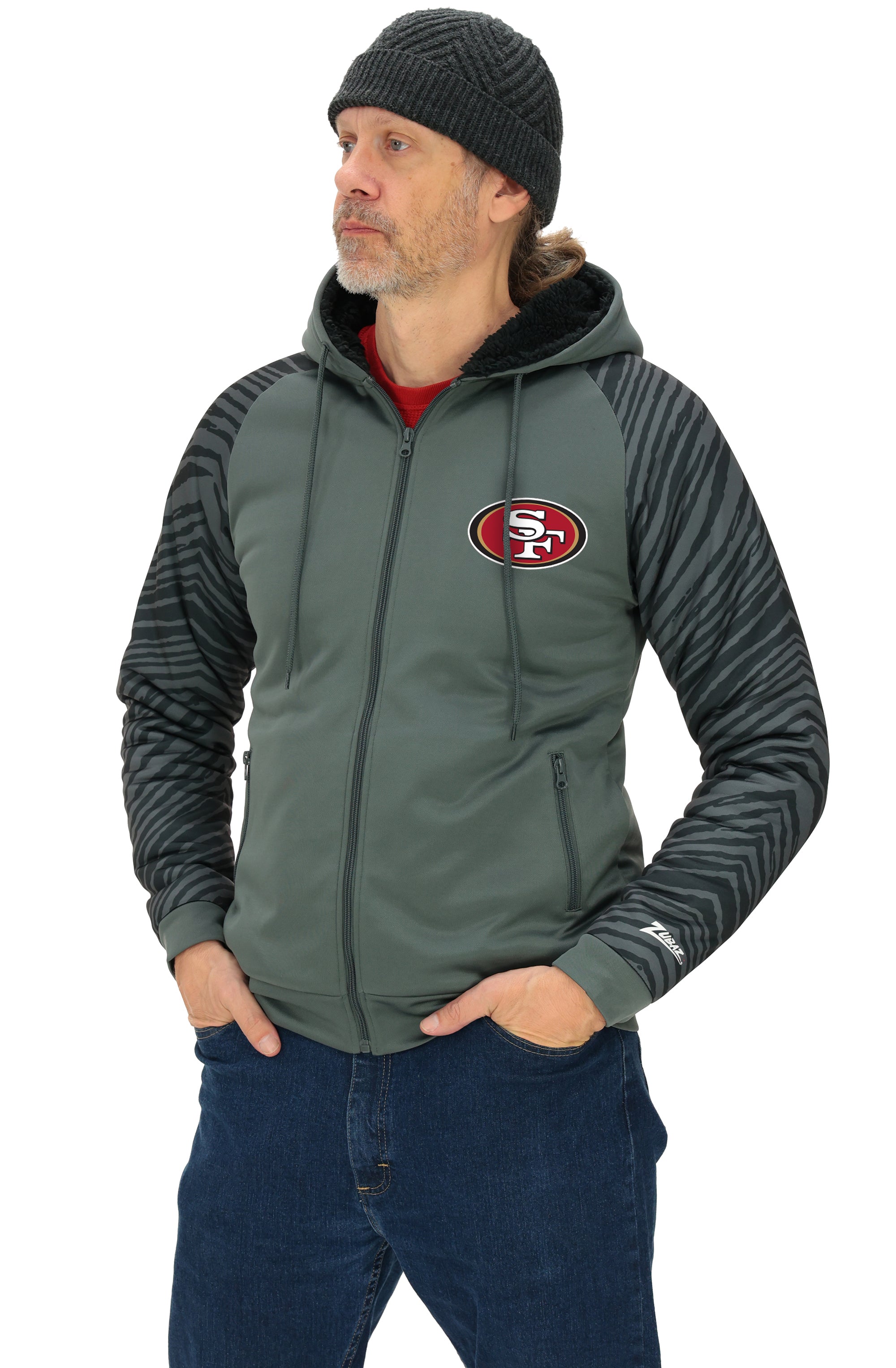 Zubaz NFL Men's Charcoal Tonal Zebra Sherpa Lined Raglan Full Zip Hoodie, SAN FRANCISCO 49ERS