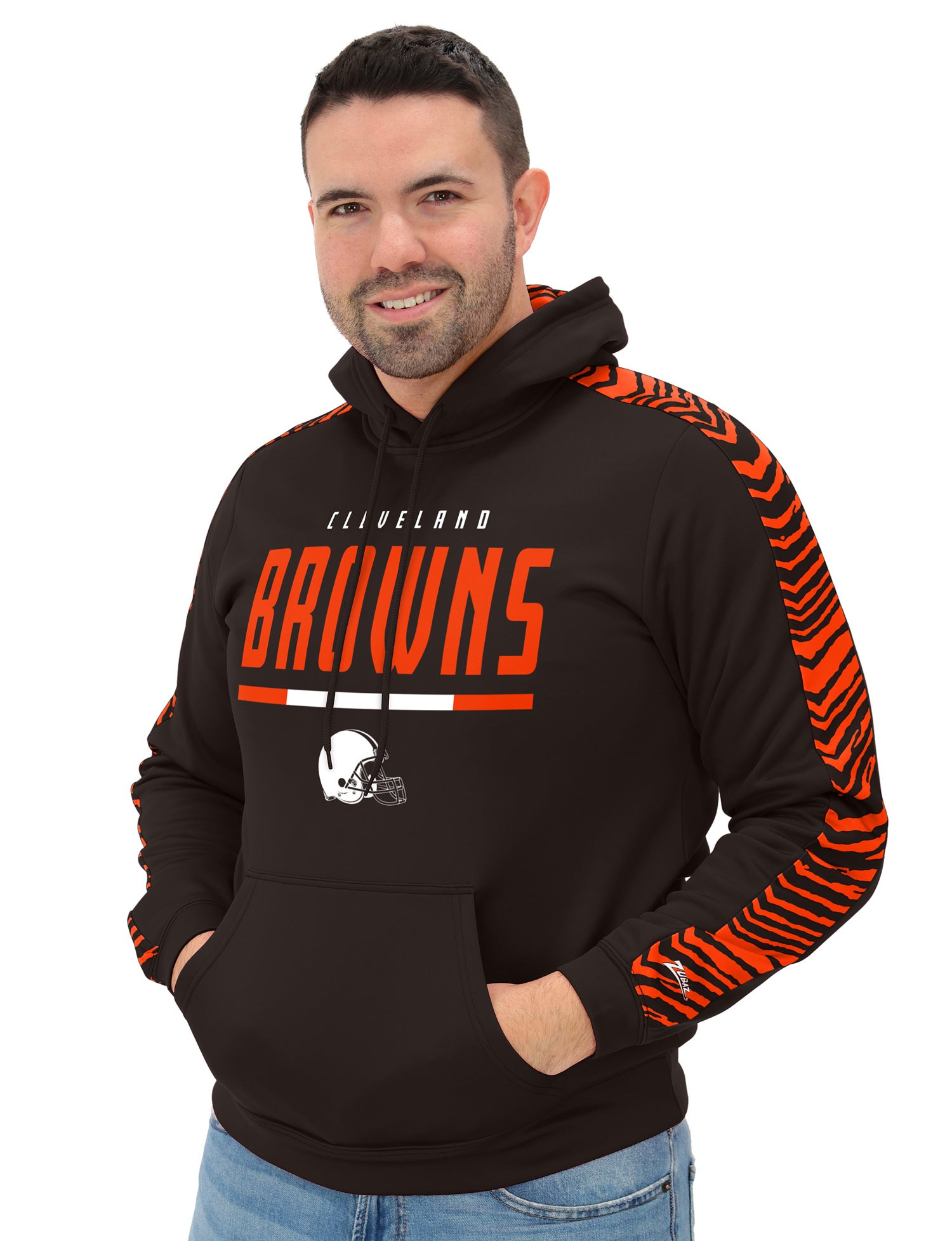 Zubaz NFL Men's Linebacker 2 Color Zebra Sleeve Panel Hoodie, CLEVELAND BROWNS