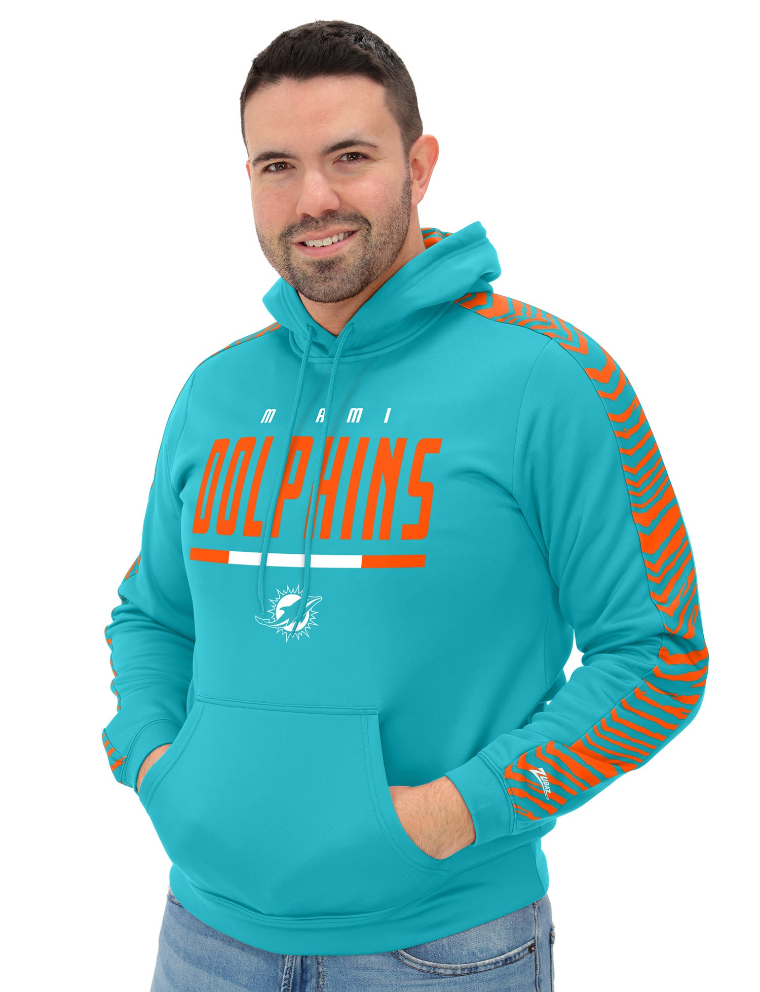 Zubaz NFL Men's Linebacker 2 Color Zebra Sleeve Panel Hoodie, MIAMI DOLPHINS