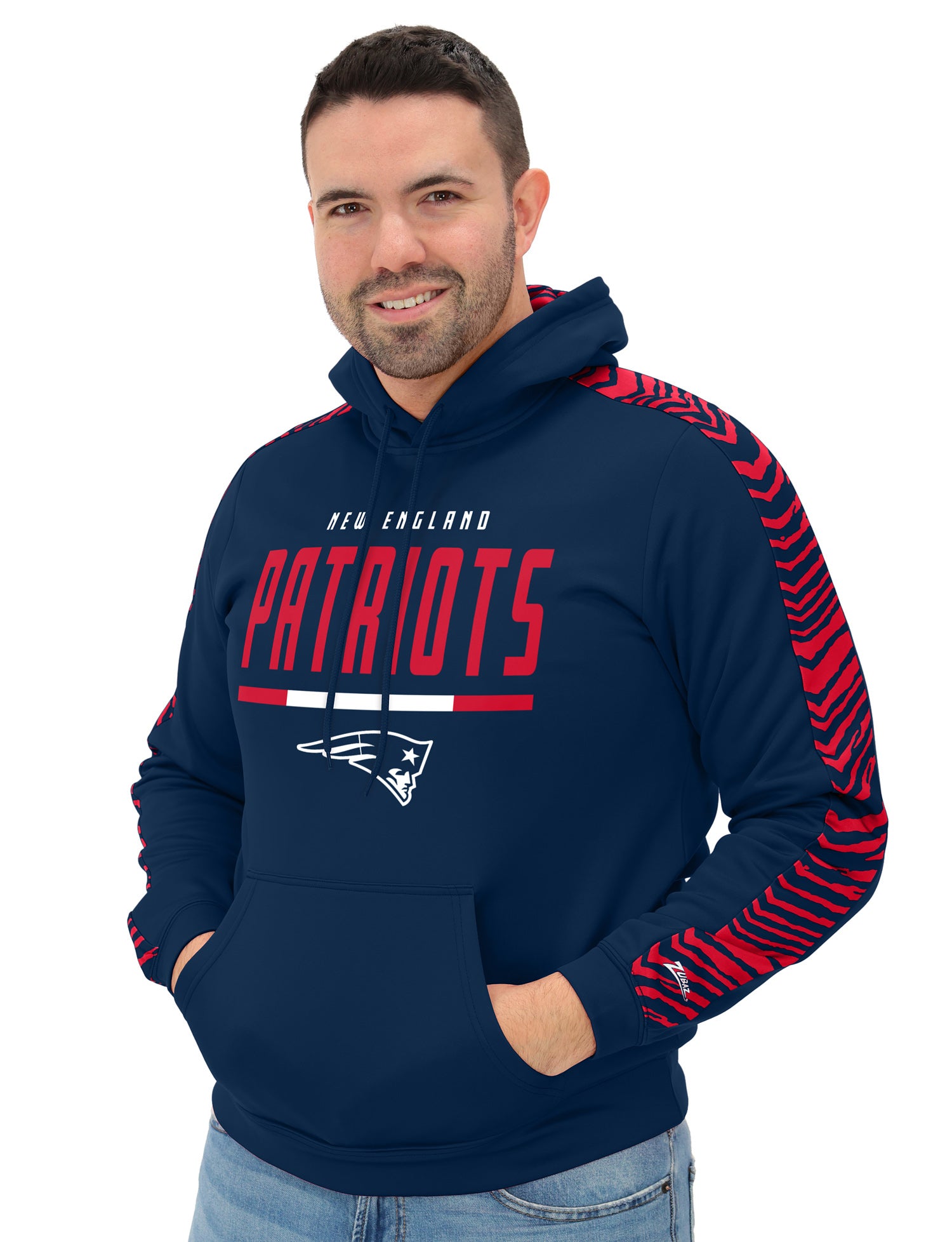 Zubaz NFL Men's Linebacker 2 Color Zebra Sleeve Panel Hoodie, NEW ENGLAND PATRIOTS