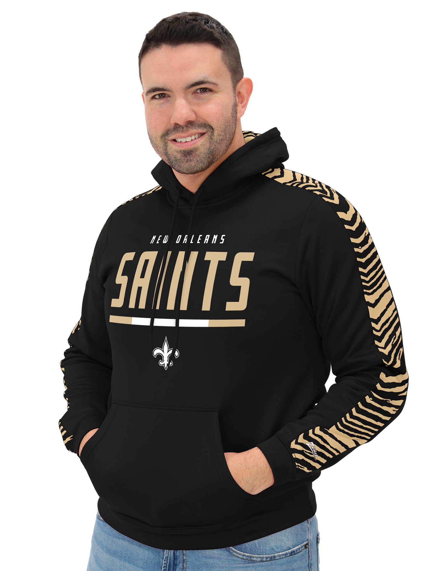 Zubaz NFL Men's Linebacker 2 Color Zebra Sleeve Panel Hoodie, NEW ORLEANS SAINTS