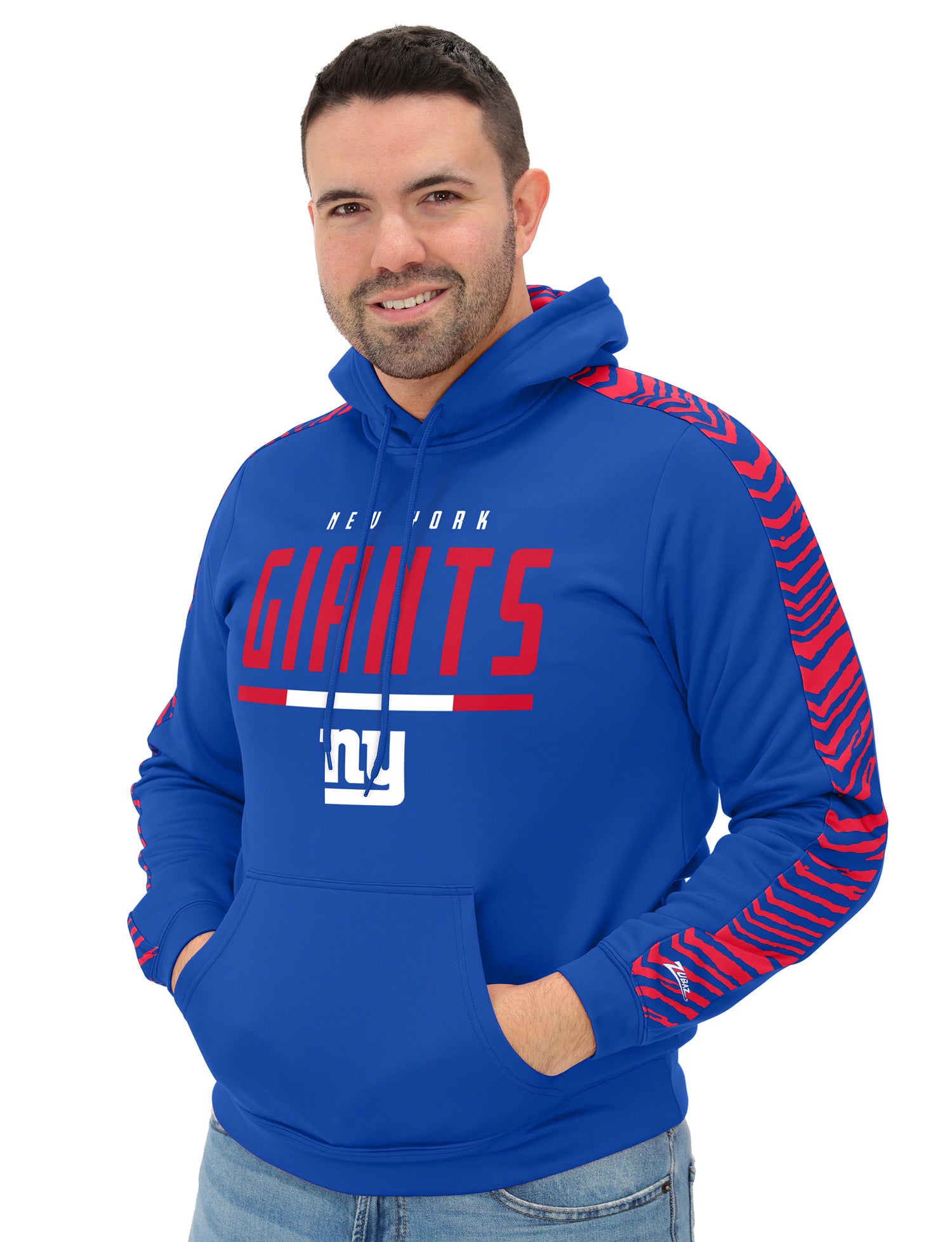 Zubaz NFL Men's Linebacker 2 Color Zebra Sleeve Panel Hoodie, NEW YORK GIANTS