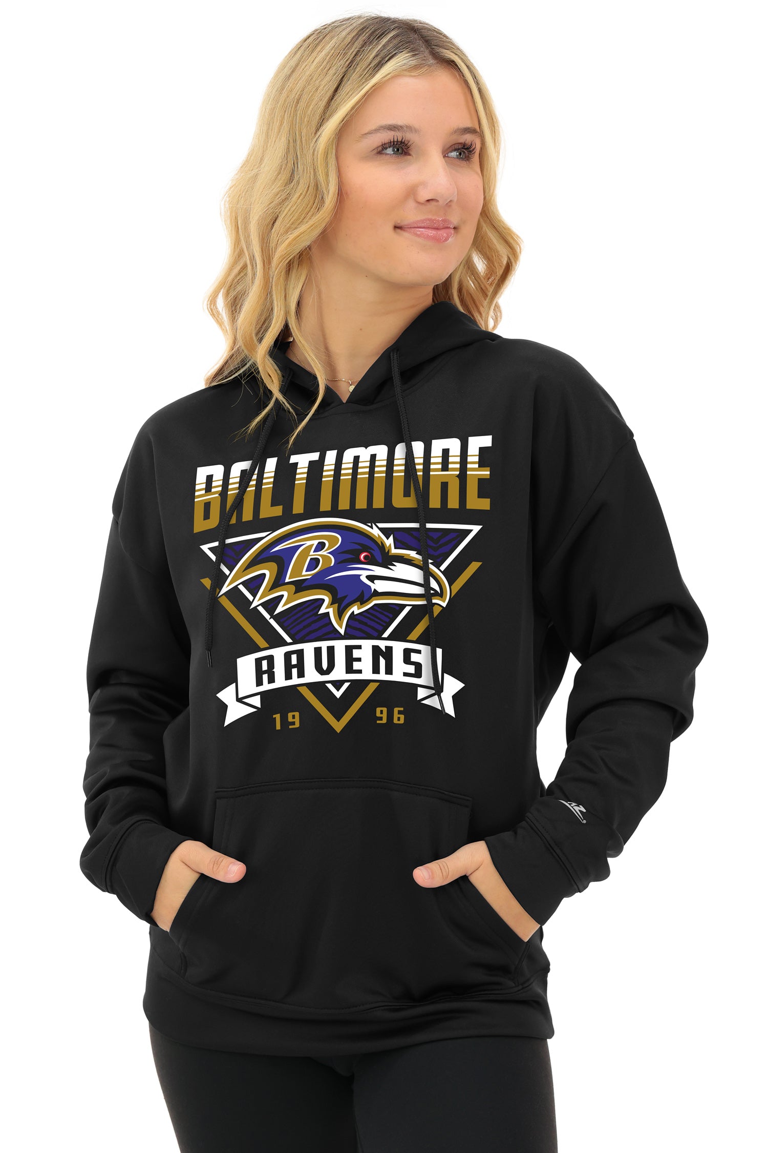 Zubaz NFL Women's Free Play 2 Color Zebra Liner Hoodie, BALTIMORE RAVENS