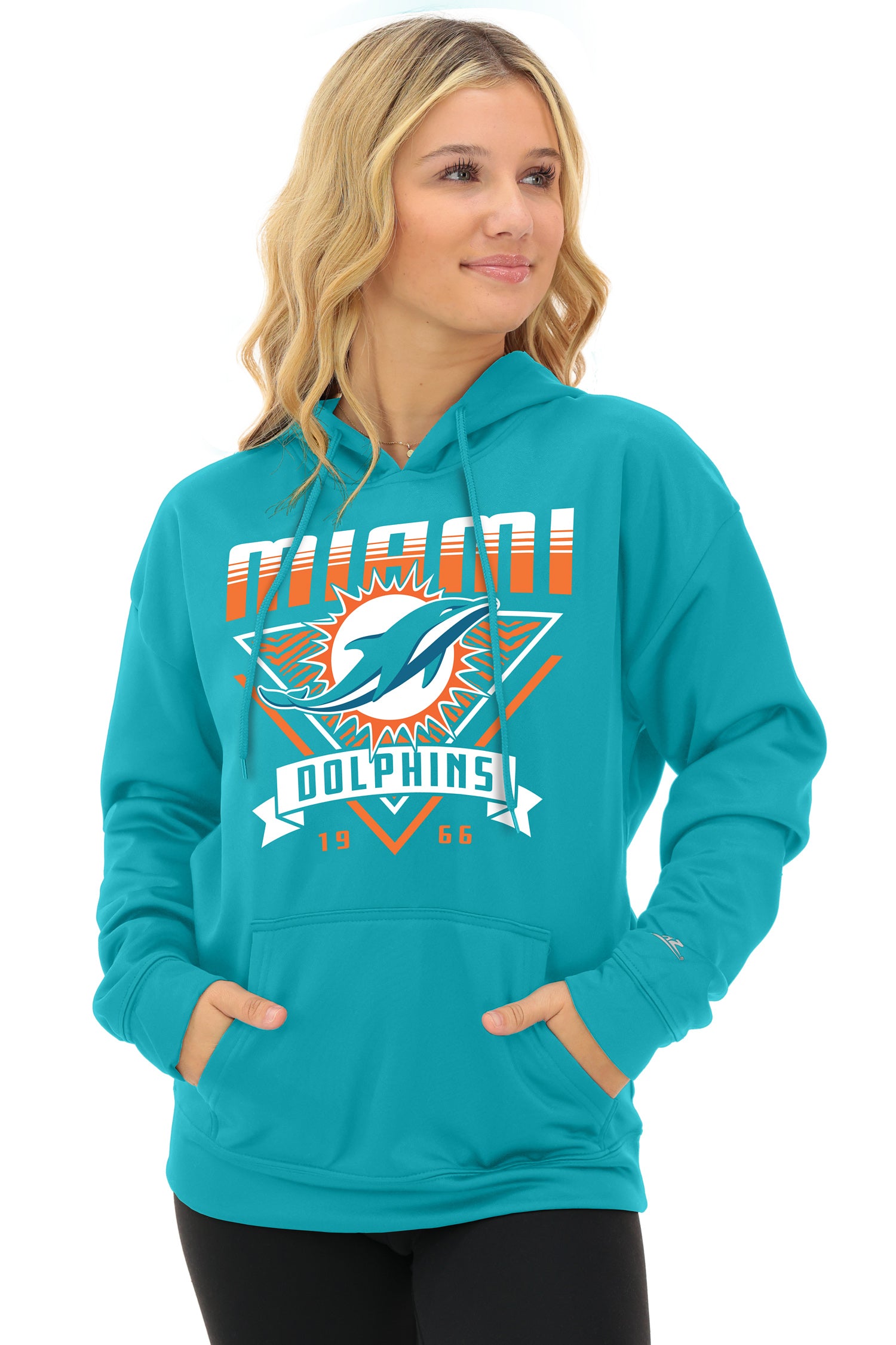 Zubaz NFL Women's Free Play 2 Color Zebra Liner Hoodie, MIAMI DOLPHINS