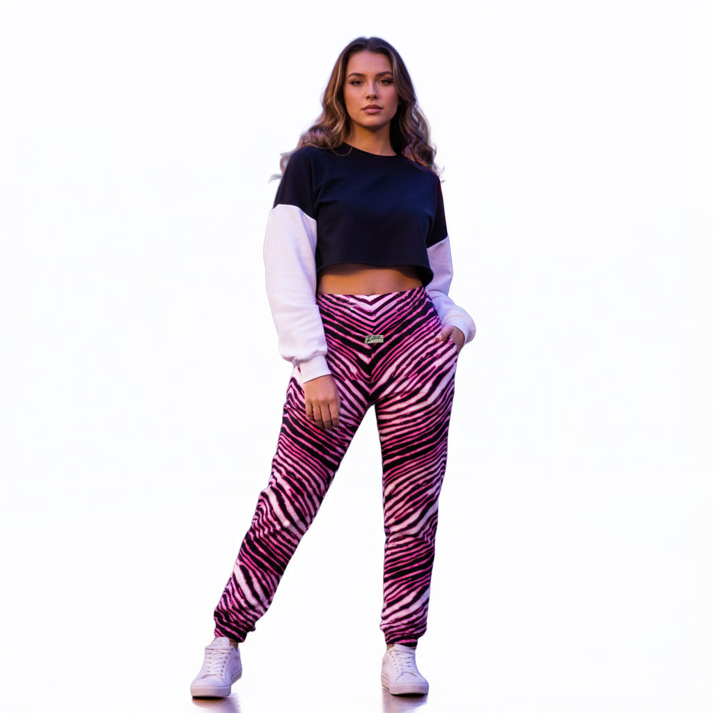 Zubaz Adult Unisex Z88 3 Color Zebra Pant, BLACK/FLUORESCENT PINK