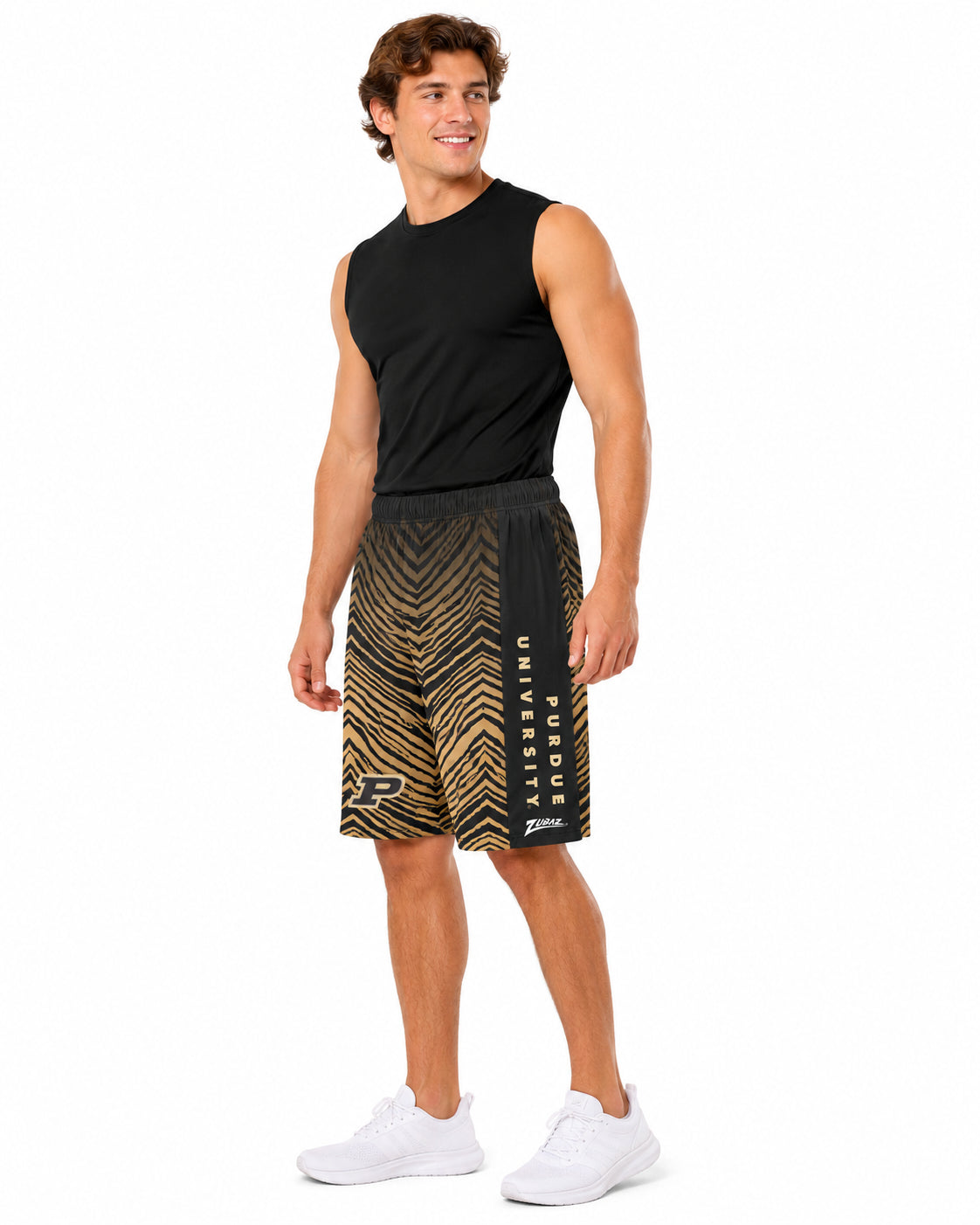Zubaz NCAA Men's 7in Fade Primary Stacked Text Short, Purdue Boilermakers