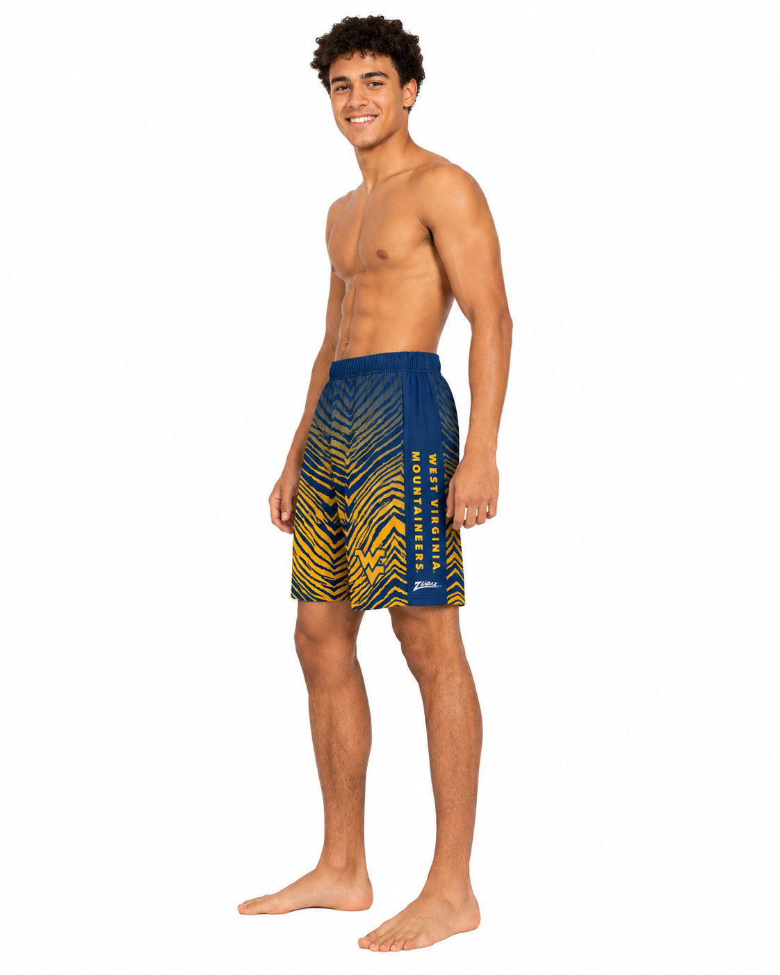 Zubaz NCAA Men's 7in Fade Primary Stacked Text Short, West Virginia Mountaineers