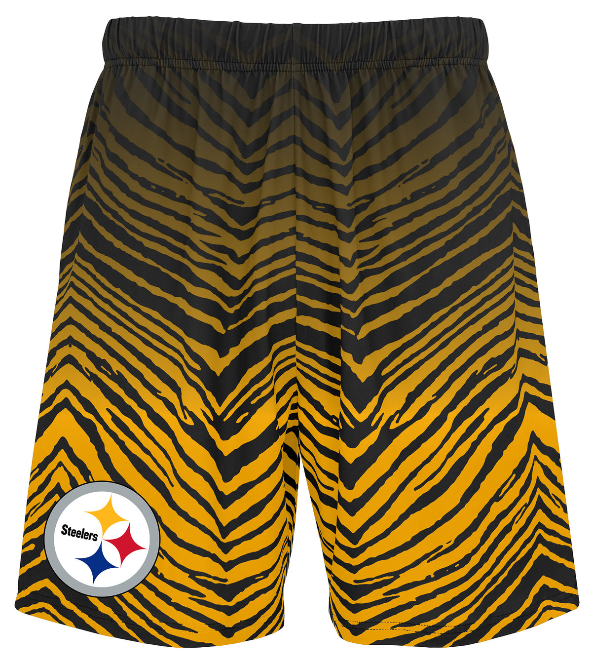 Zubaz NFL Men's 7in Fade Primary Stacked Text Shorts, Pittsburgh Steelers