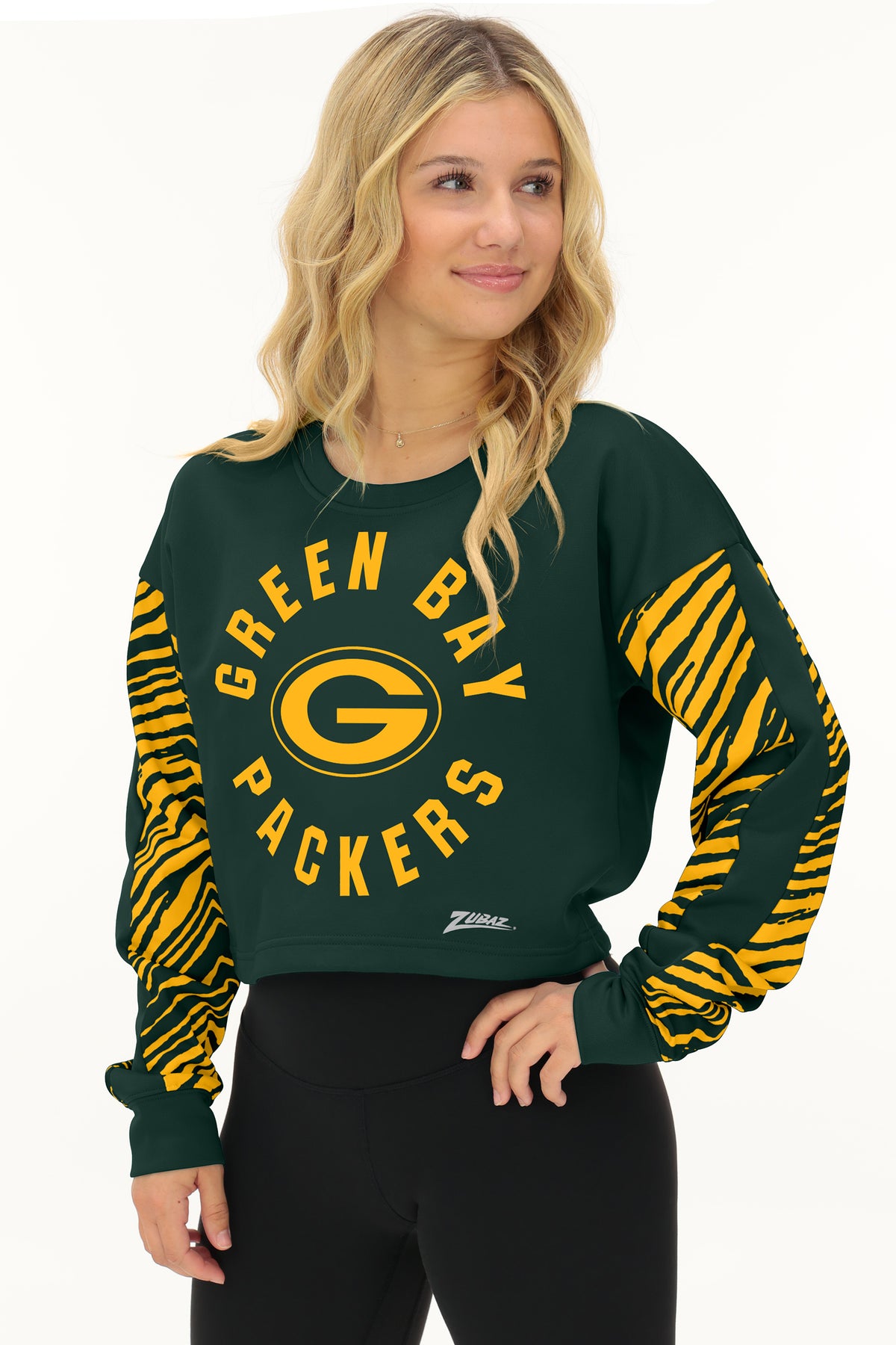 Zubaz NFL Green Bay Packers Women's 2 Color Zebra Overtime Crop Top Crewneck
