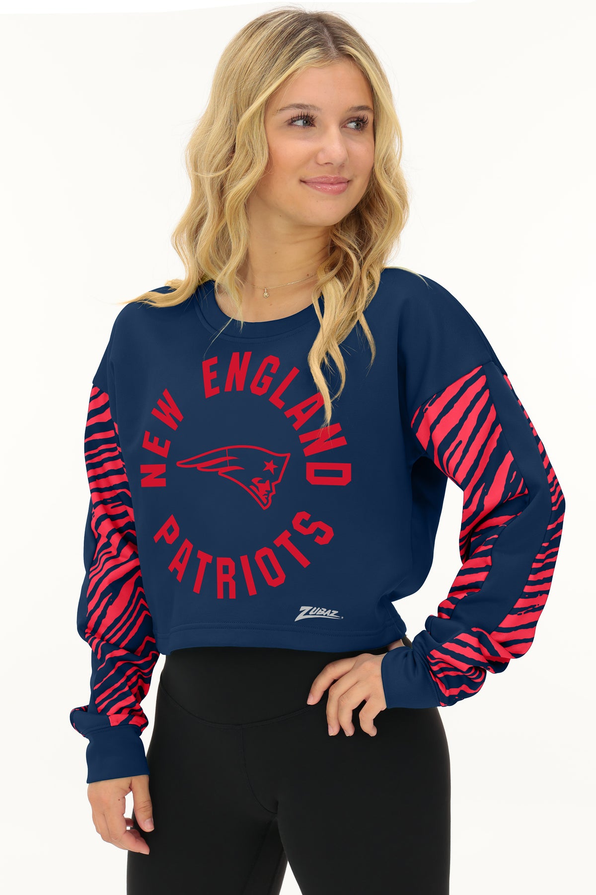 Zubaz NFL New England Patriots Women's 2 Color Zebra Overtime Crop Top Crewneck