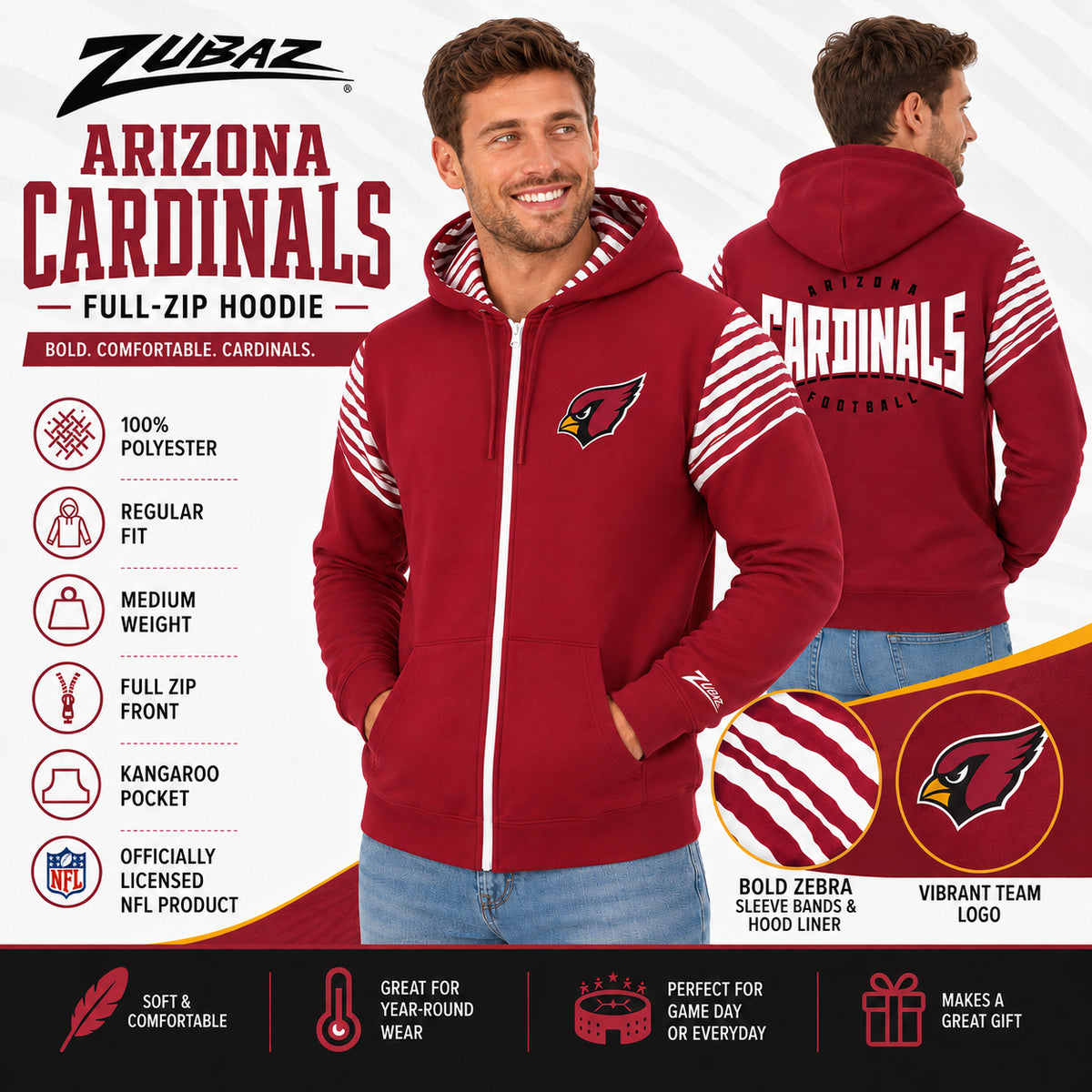 Zubaz NFL Arizona Cardinals Men's 3 Color Zebra Bands and Hood-Liner Play Action Full-Zip Hoodie