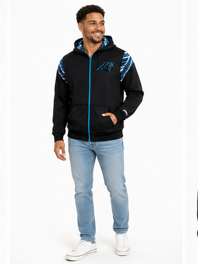 Zubaz NFL Carolina Panthers Men's 3 Color Zebra Bands and Hood-Liner Play Action Full-Zip Hoodie