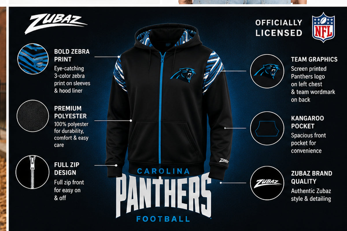 Zubaz NFL Carolina Panthers Men's 3 Color Zebra Bands and Hood-Liner Play Action Full-Zip Hoodie
