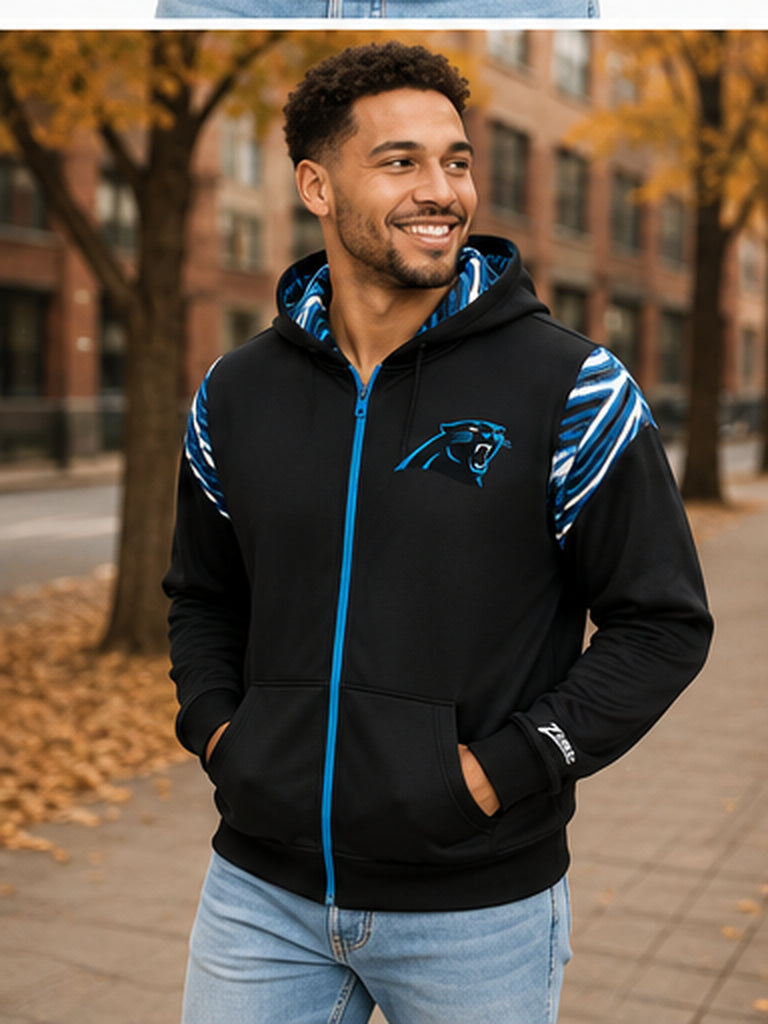 Zubaz NFL Carolina Panthers Men's 3 Color Zebra Bands and Hood-Liner Play Action Full-Zip Hoodie