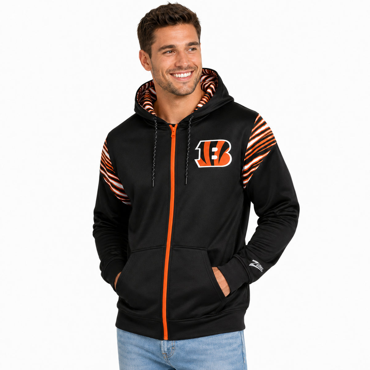 Zubaz NFL Cincinnati Bengals Men's 3 Color Zebra Bands and Hood-Liner Play Action Full-Zip Hoodie