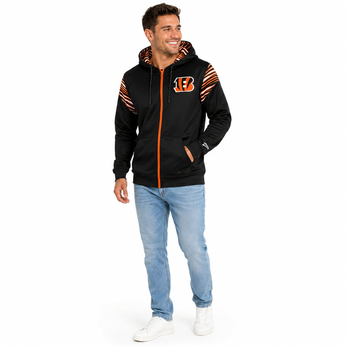 Zubaz NFL Cincinnati Bengals Men's 3 Color Zebra Bands and Hood-Liner Play Action Full-Zip Hoodie