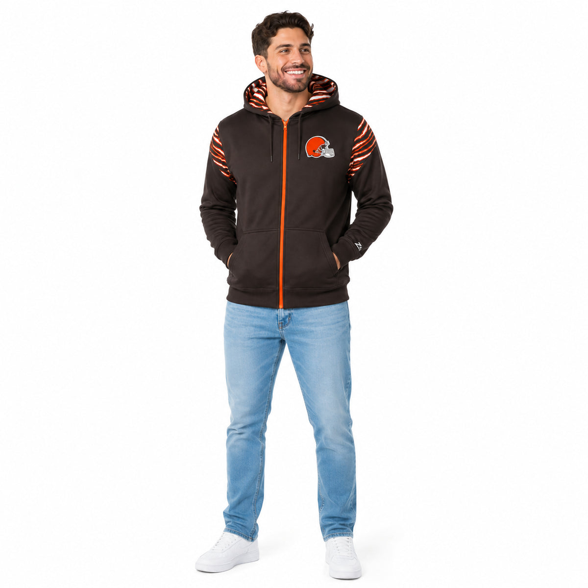 Zubaz NFL Cleveland Browns Men's 3 Color Zebra Bands and Hood-Liner Play Action Full-Zip Hoodie