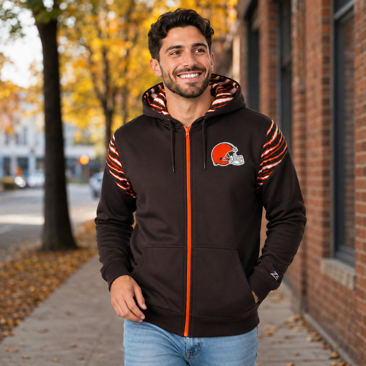 Zubaz NFL Cleveland Browns Men's 3 Color Zebra Bands and Hood-Liner Play Action Full-Zip Hoodie