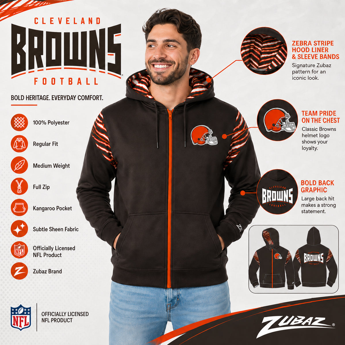 Zubaz NFL Cleveland Browns Men's 3 Color Zebra Bands and Hood-Liner Play Action Full-Zip Hoodie