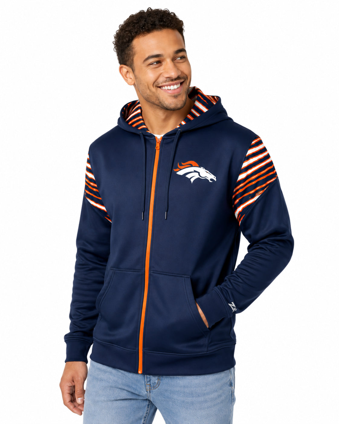 Zubaz NFL Denver Broncos Men's 3 Color Zebra Bands and Hood-Liner Play Action Full-Zip Hoodie