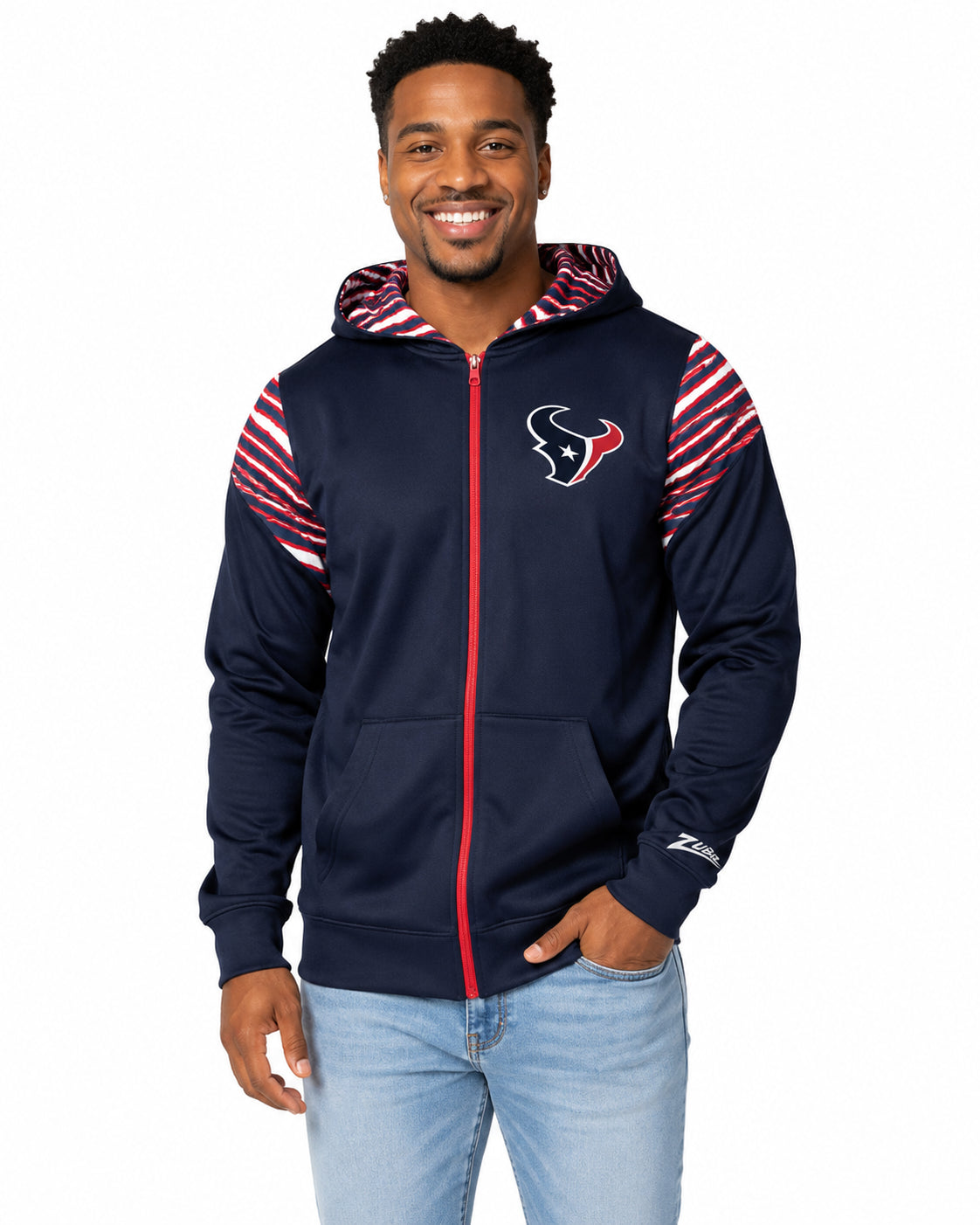 Zubaz NFL Houston Texans Men's 3 Color Zebra Bands and Hood-Liner Play Action Full-Zip Hoodie