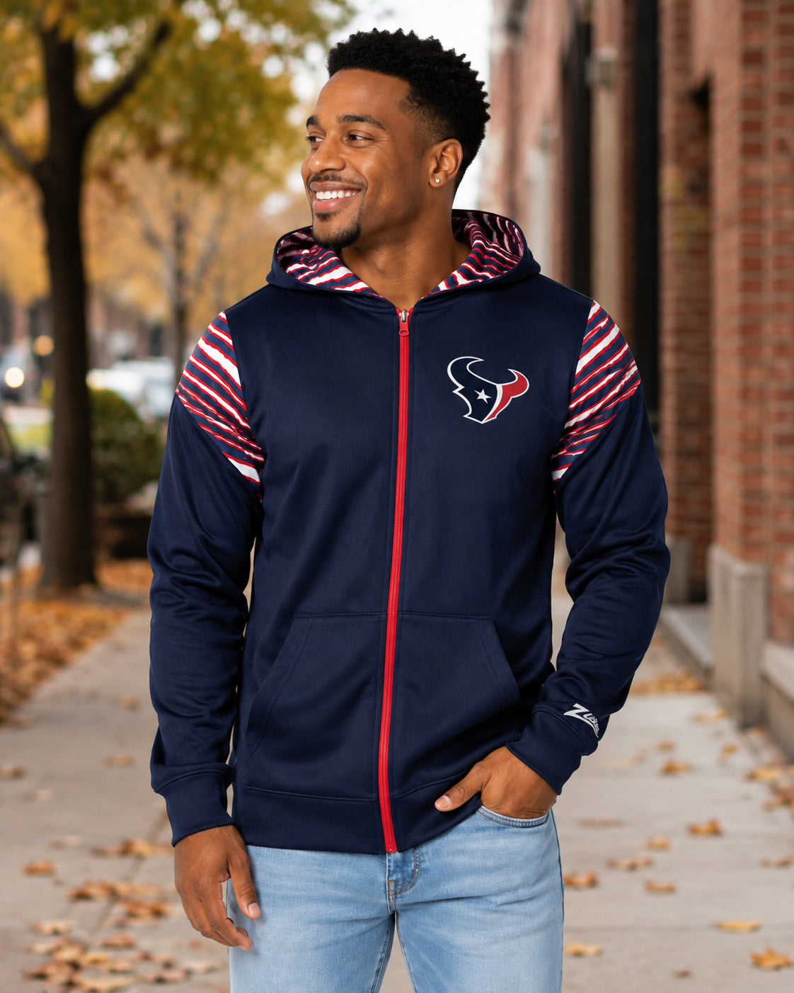 Zubaz NFL Houston Texans Men's 3 Color Zebra Bands and Hood-Liner Play Action Full-Zip Hoodie