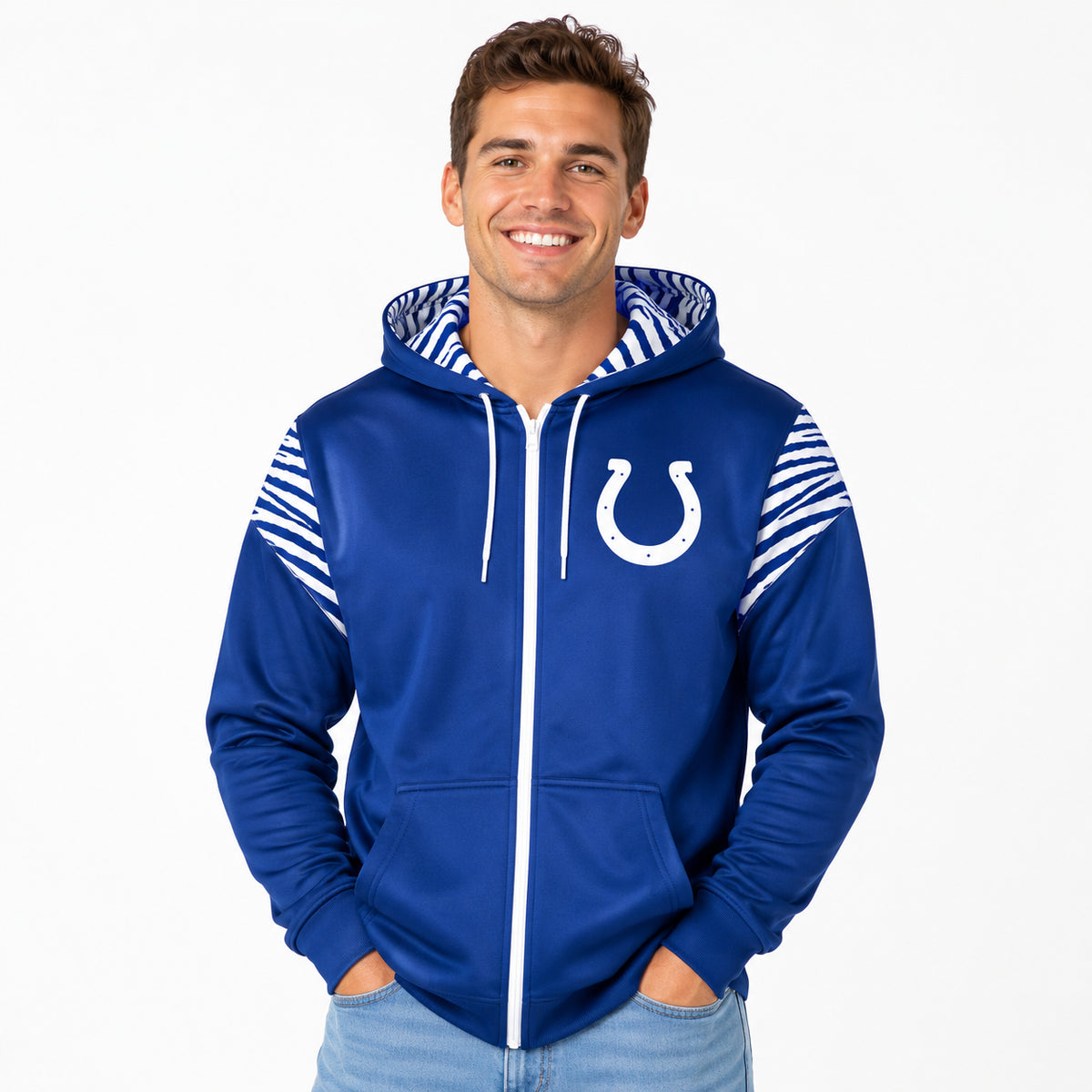 Zubaz NFL Indianapolis Colts Men's 3 Color Zebra Bands and Hood-Liner Play Action Full-Zip Hoodie