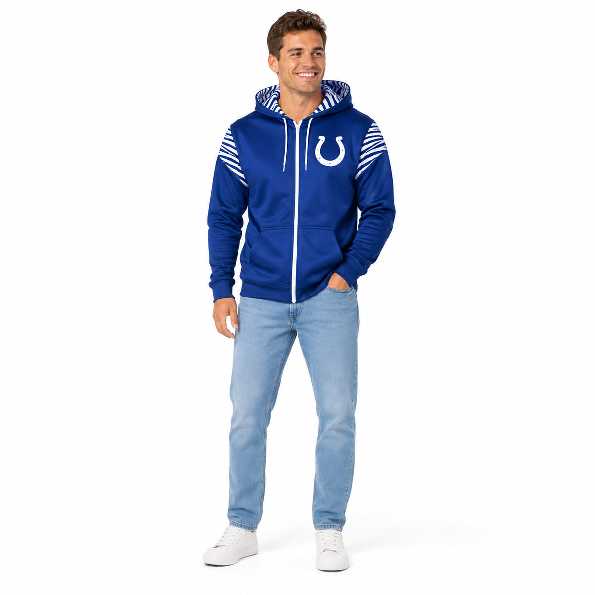 Zubaz NFL Indianapolis Colts Men's 3 Color Zebra Bands and Hood-Liner Play Action Full-Zip Hoodie