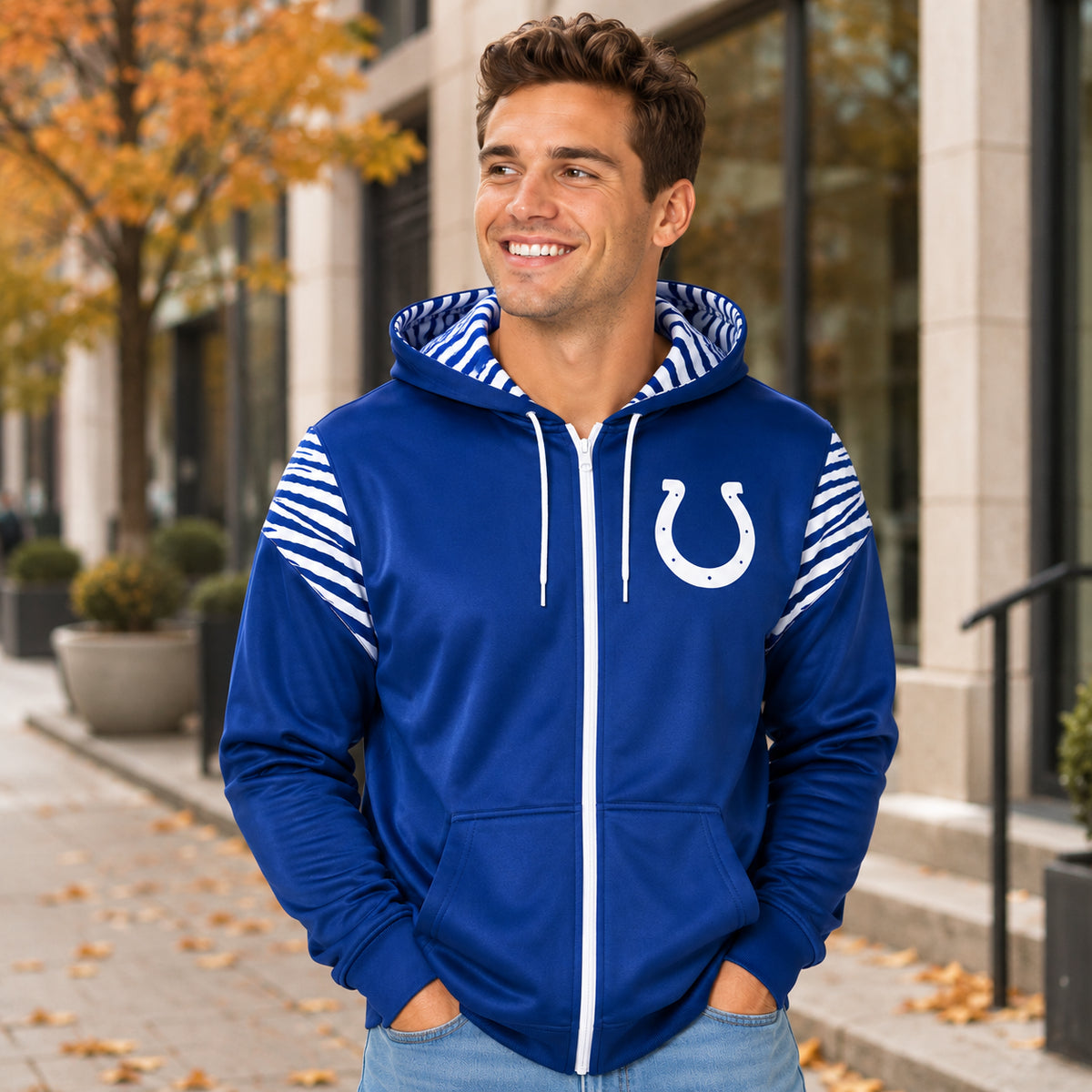 Zubaz NFL Indianapolis Colts Men's 3 Color Zebra Bands and Hood-Liner Play Action Full-Zip Hoodie