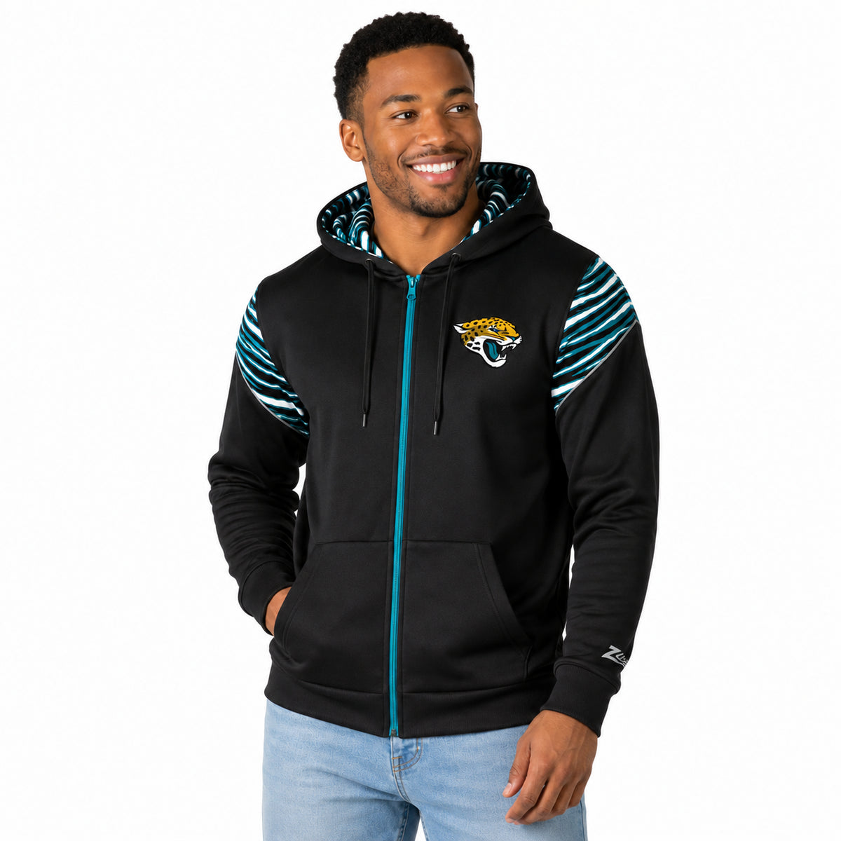 Zubaz NFL Jacksonville Jaguars Men's 3 Color Zebra Bands and Hood-Liner Play Action Full-Zip Hoodie