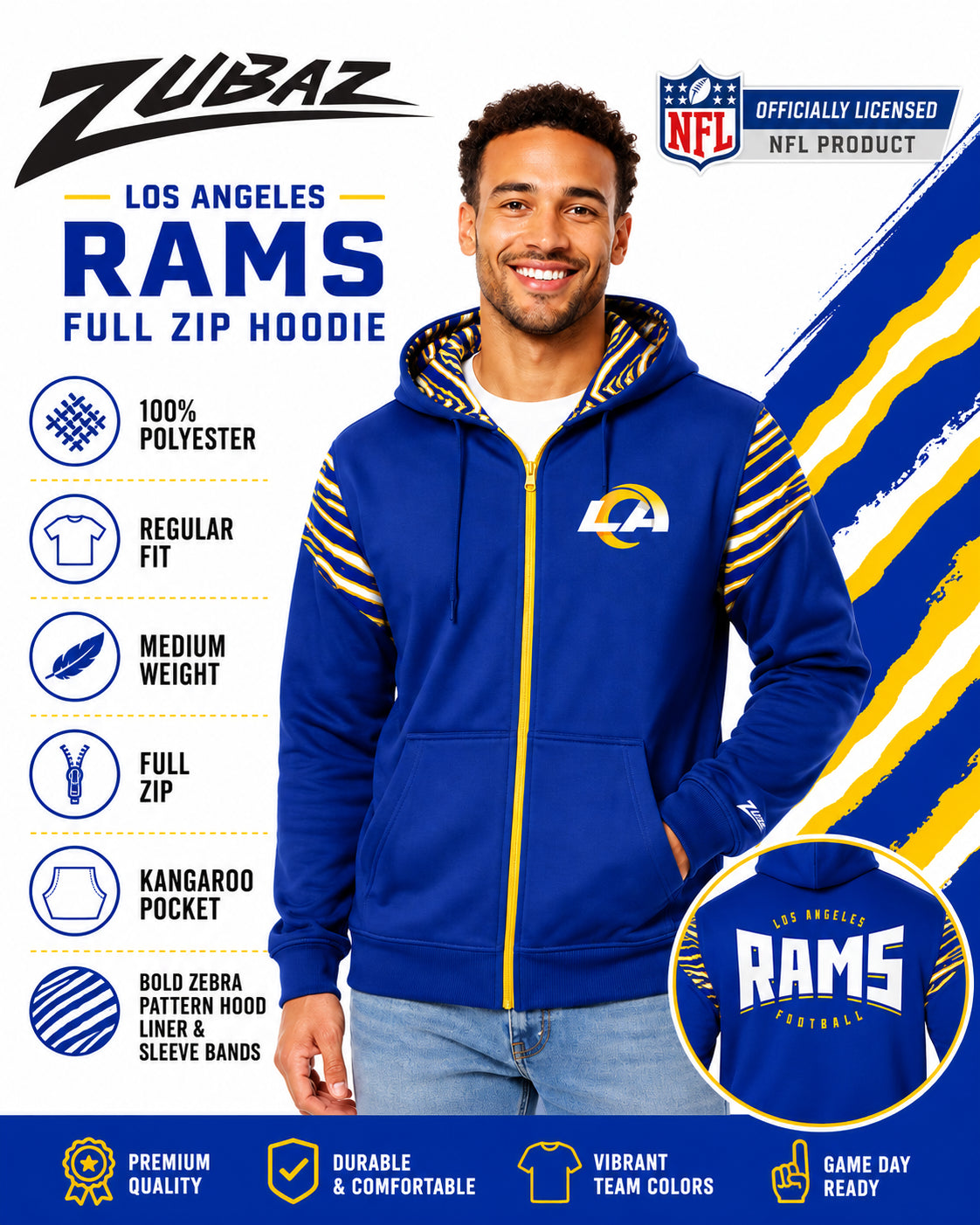 Zubaz NFL Los Angeles Rams Men's 3 Color Zebra Bands and Hood-Liner Play Action Full-Zip Hoodie