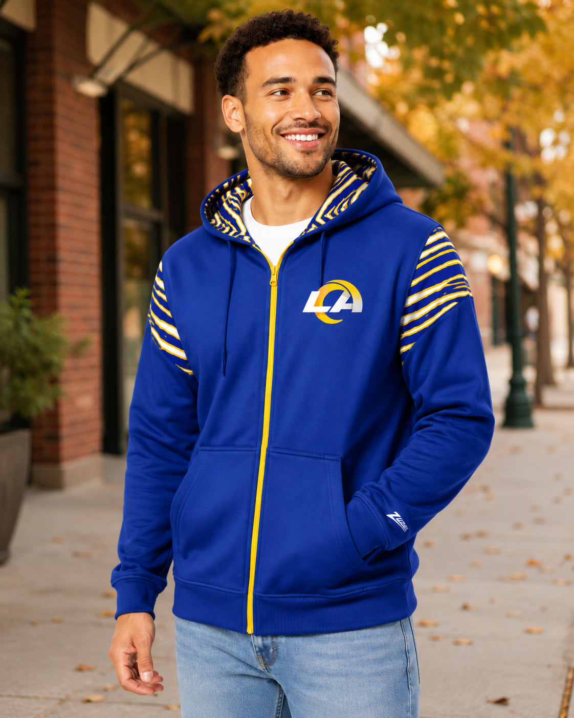 Zubaz NFL Los Angeles Rams Men's 3 Color Zebra Bands and Hood-Liner Play Action Full-Zip Hoodie