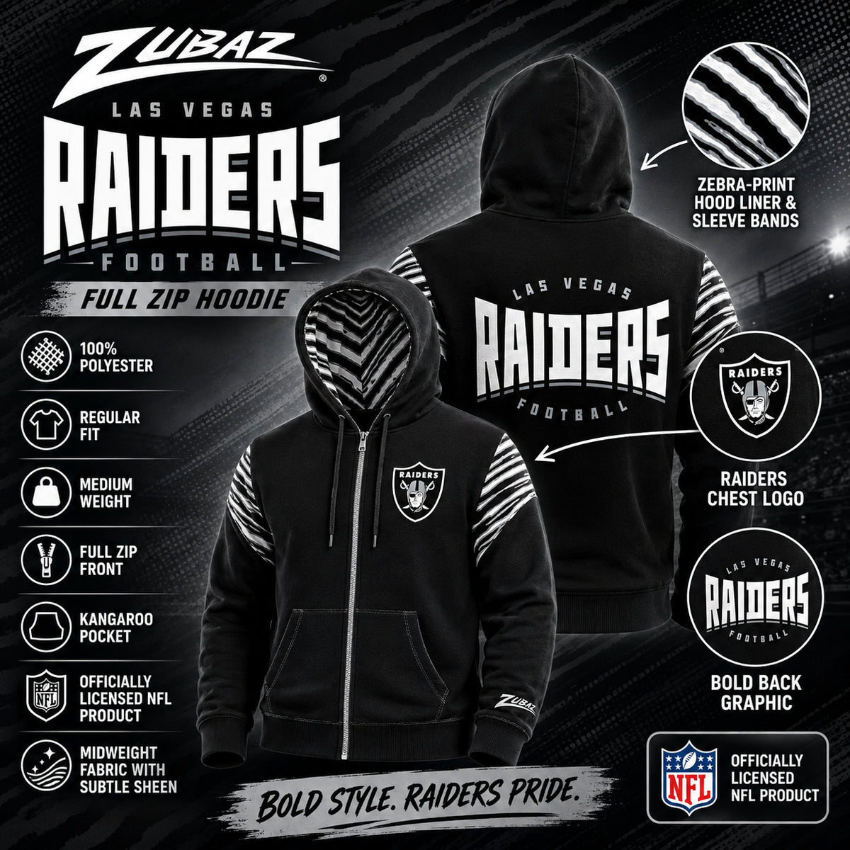 Zubaz NFL Las Vegas Raiders Men's 3 Color Zebra Bands and Hood-Liner Play Action Full-Zip Hoodie