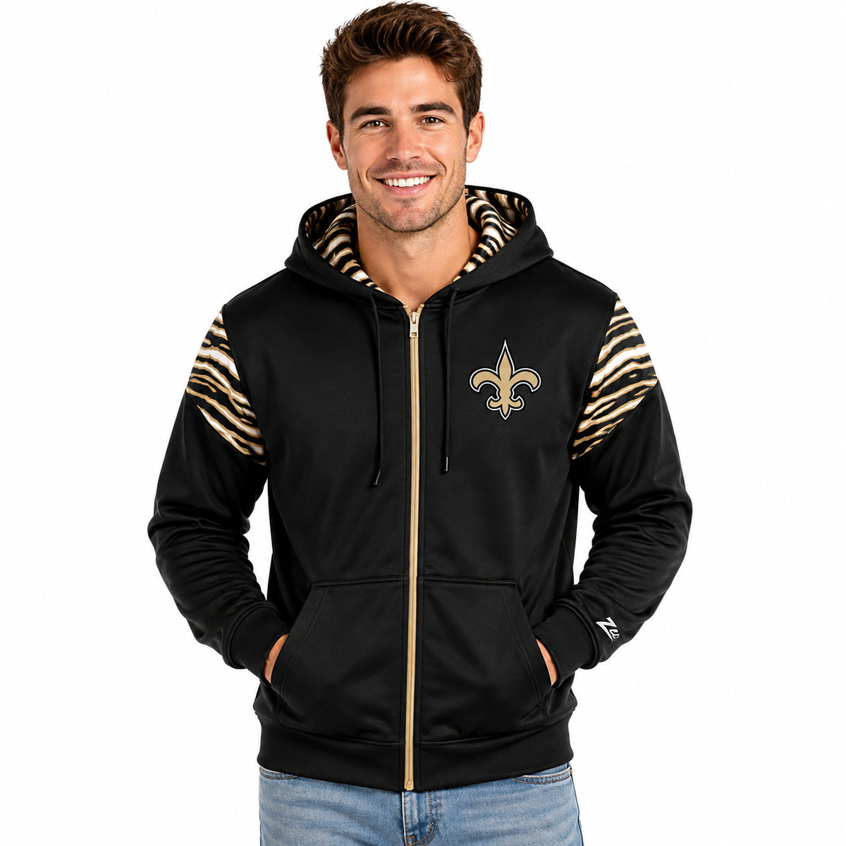 Zubaz NFL New Orleans Saints Men's 3 Color Zebra Bands and Hood-Liner Play Action Full-Zip Hoodie