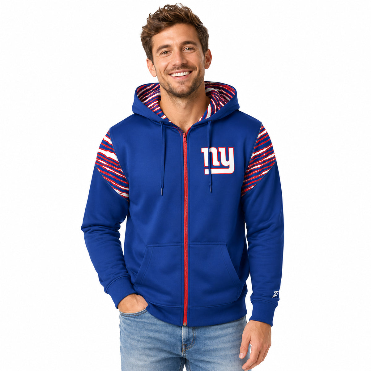 Zubaz NFL New York Giants Men's 3 Color Zebra Bands and Hood-Liner Play Action Full-Zip Hoodie