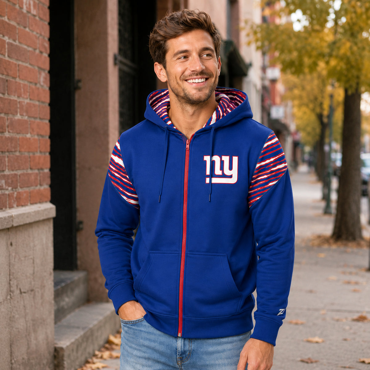 Zubaz NFL New York Giants Men's 3 Color Zebra Bands and Hood-Liner Play Action Full-Zip Hoodie